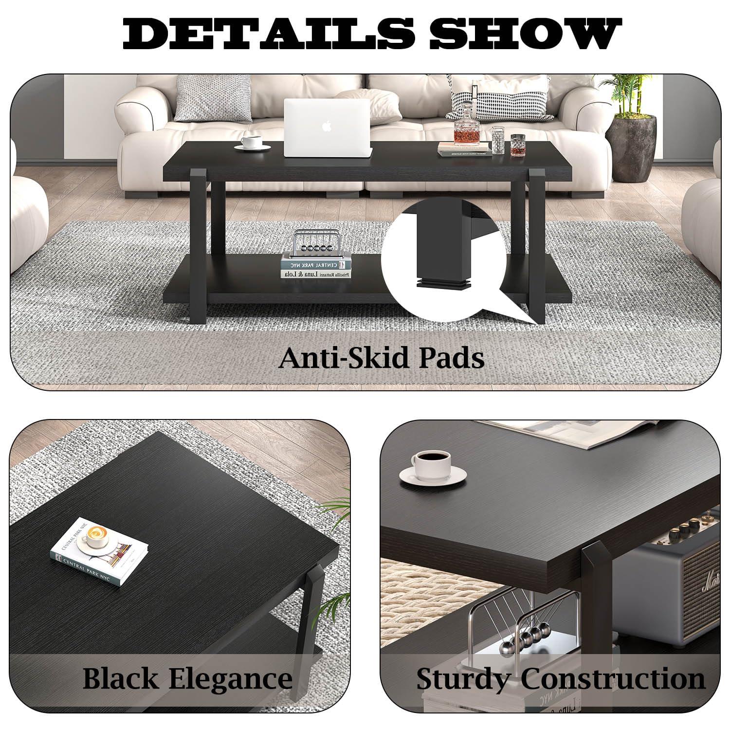 FOLUBAN Industrial Coffee Table with Shelf, Wood and Metal Rustic Cocktail Table for Living Room, Oak