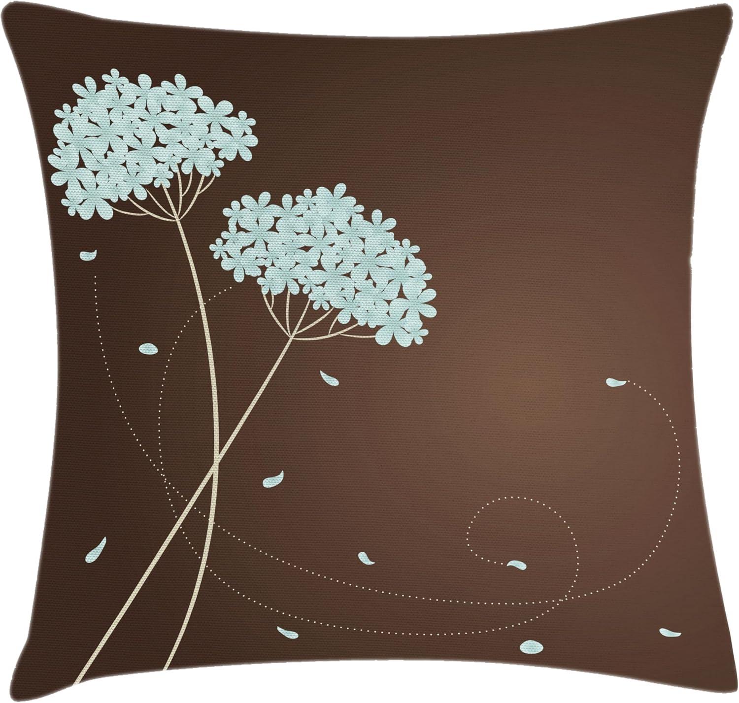 Brown and Blue Floral Polyester Square Throw Pillow