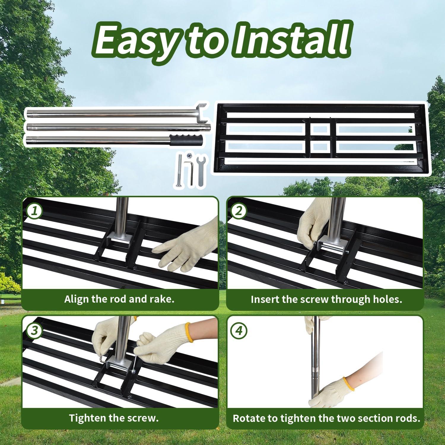 Heavy Duty Black Stainless Steel Lawn Leveling Rake with Adjustable Handle