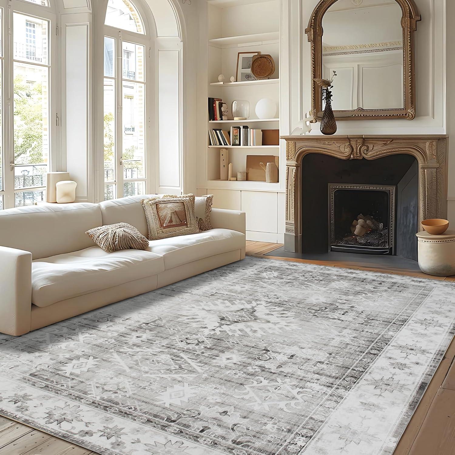 ABYNOW 6x9 Area Rug – Machine Washable, Soft Modern Abstract Carpet for Living Room & Bedroom with Non-Slip Backing, Grey