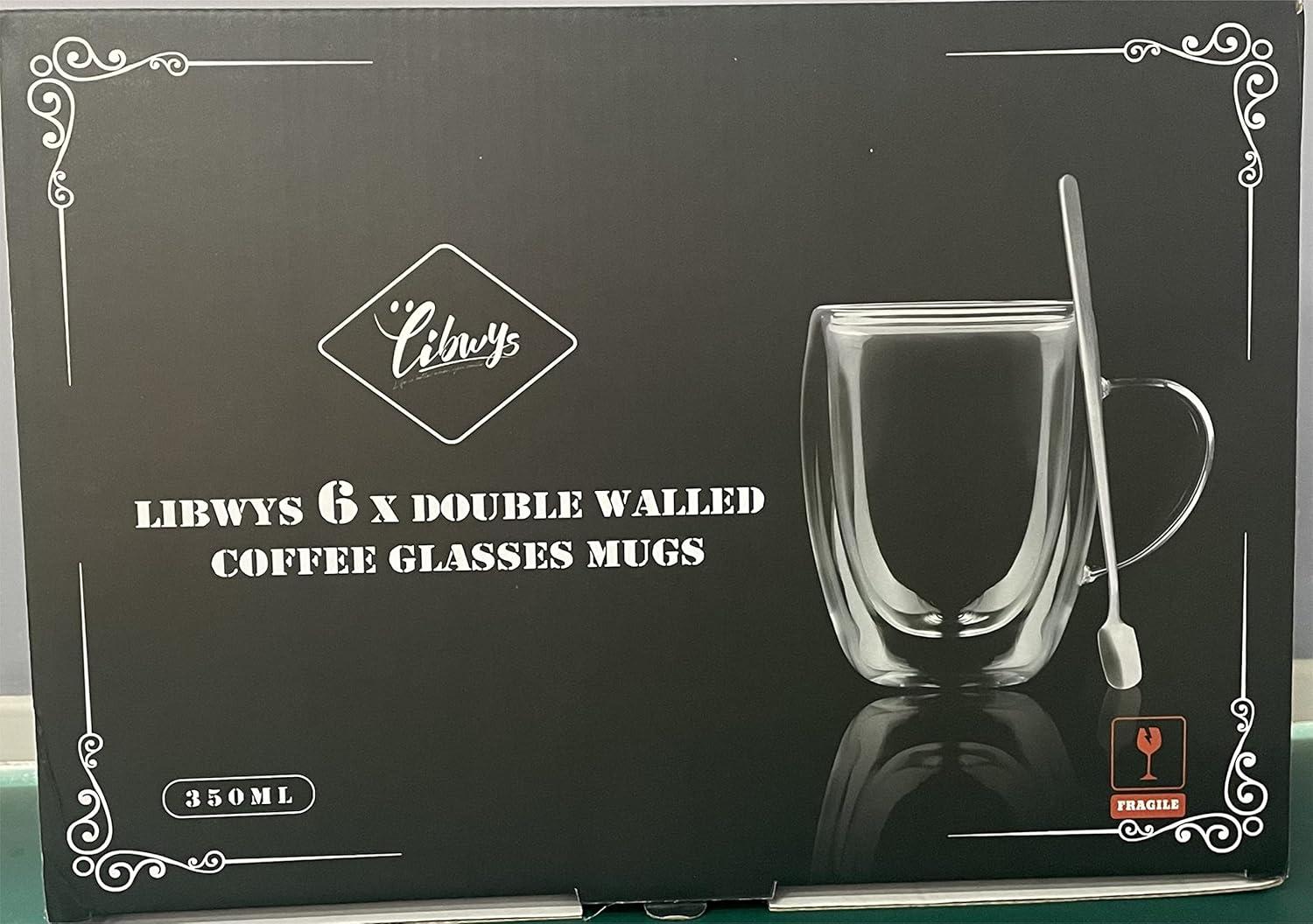 LIBWYS 12oz Clear Double Walled Glass Coffee Mugs Set