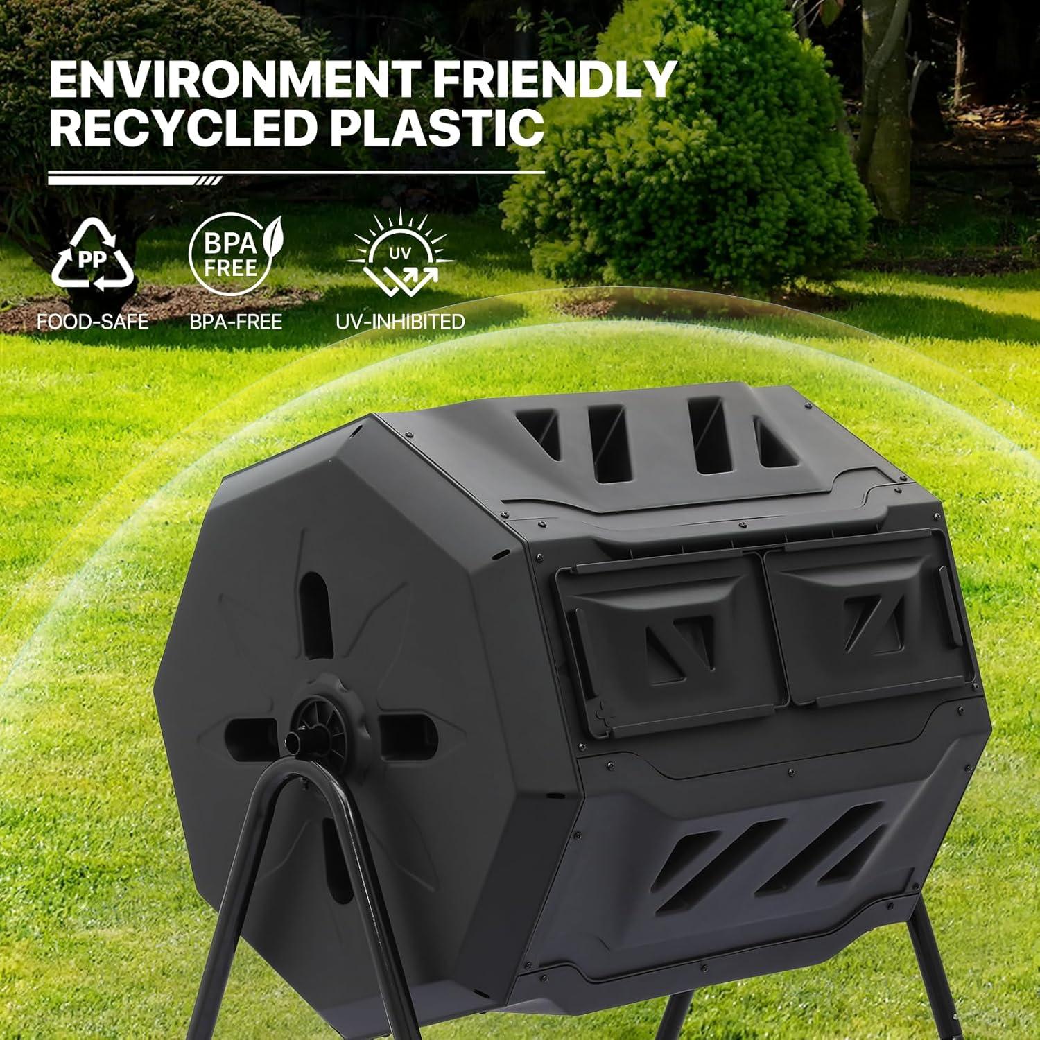 43 Gallon Dual Chamber Compost Tumbler, Tumbling Rotating Composter, with 2 Sliding Doors and Gloves