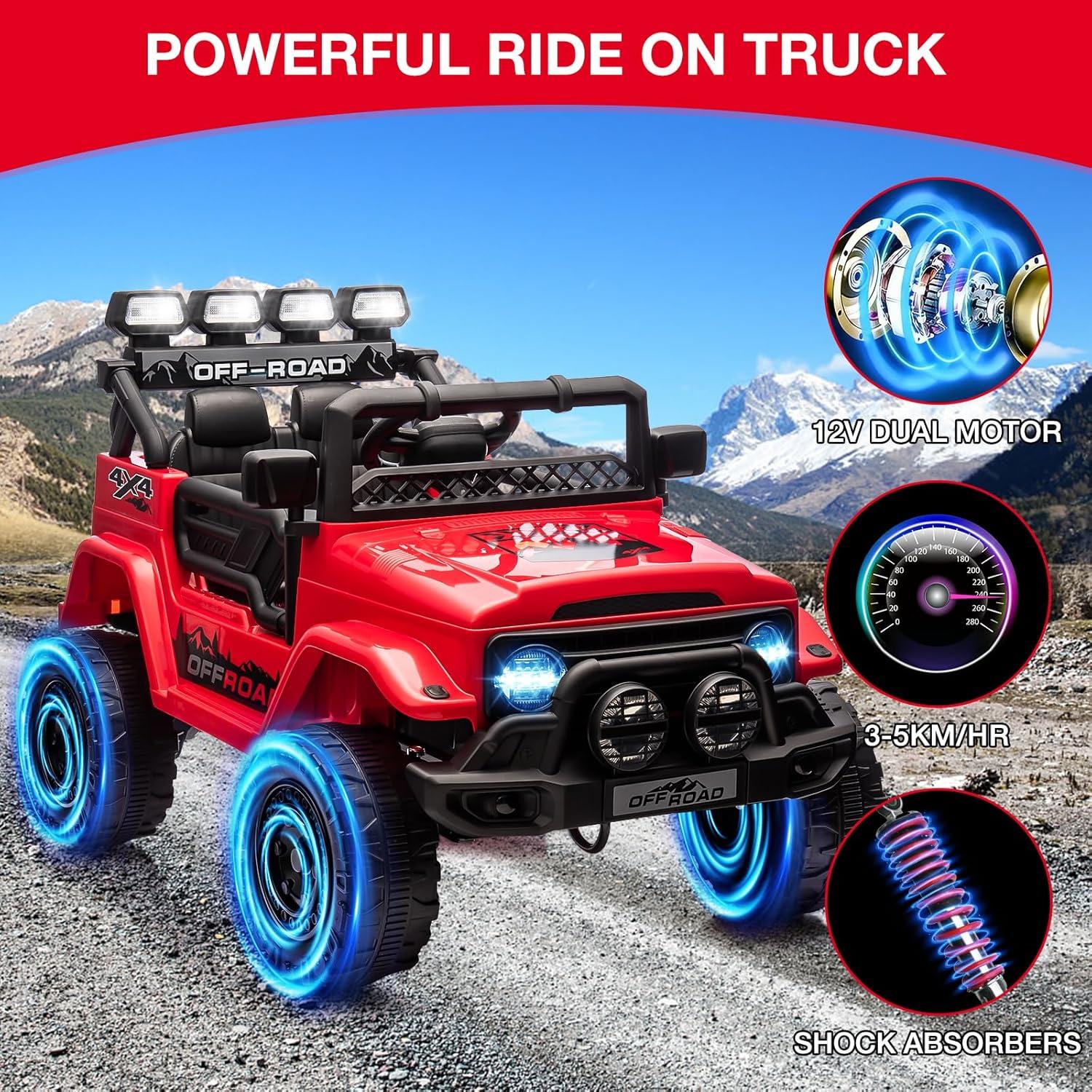 Ride On Truck Car 12V, Electric Vehicle w/Remote Control, 3 Speeds, LED Lights, Music, Spring Suspension, Ride on Car for Kids