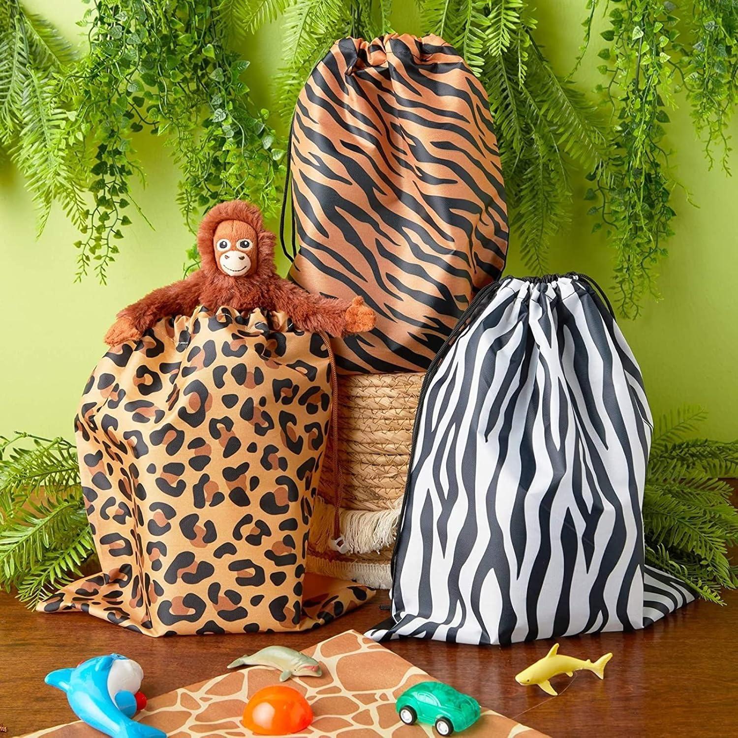 12 Pack Animal Print Drawstring Gift Bags for Jungle Safari Birthday Party, Baby Shower Favors, Goodies, Candy Treats (4 Designs, 10 x 12 In)