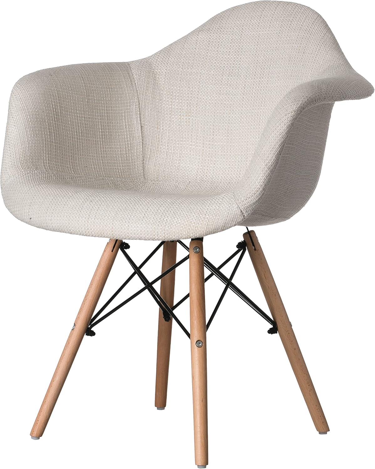 White Fabric Lined Armchair with Beech Wooden Legs