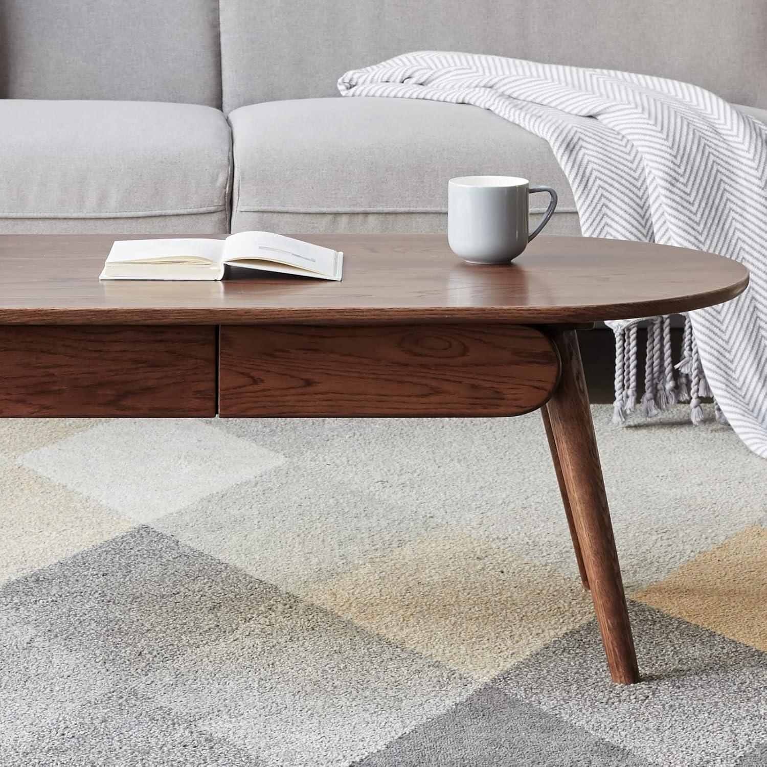 47'' Natural Oak Oval Coffee Table with Storage Drawers