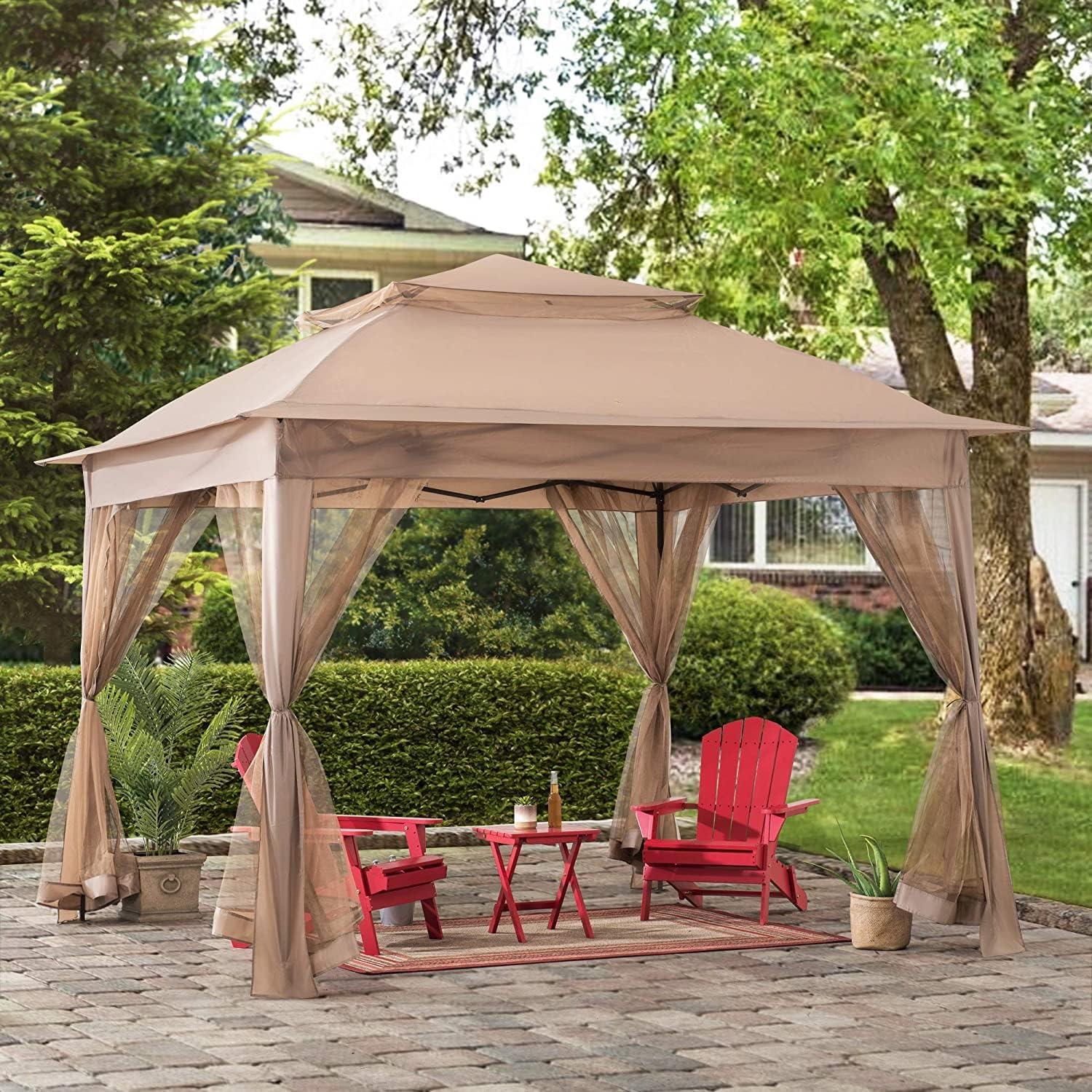 Khaki 11x11 ft. Pop-Up Steel Frame Gazebo with Netting