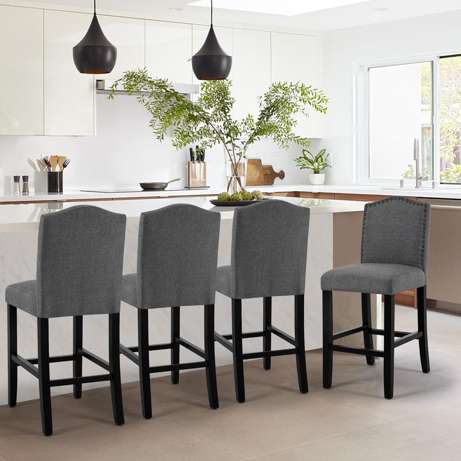 Set of 4 Gray Upholstered Counter Stools with Wood Legs