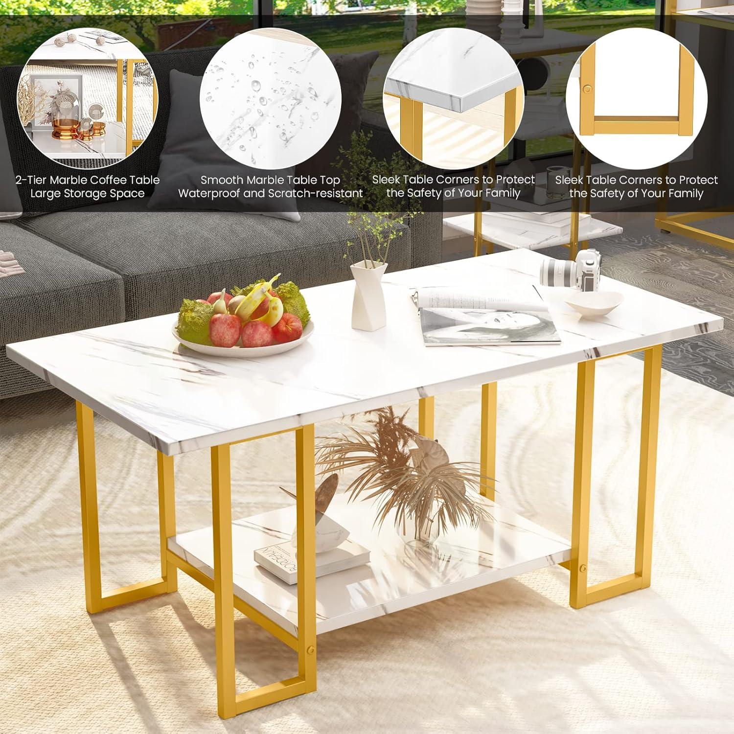 AWQM 3 Pieces Living Room Table Set, Faux Marble Coffee Table with Round End Side Table and Console Table, Modern Coffee Table Set with Gold Metal Frame for Apartment Home Office, White