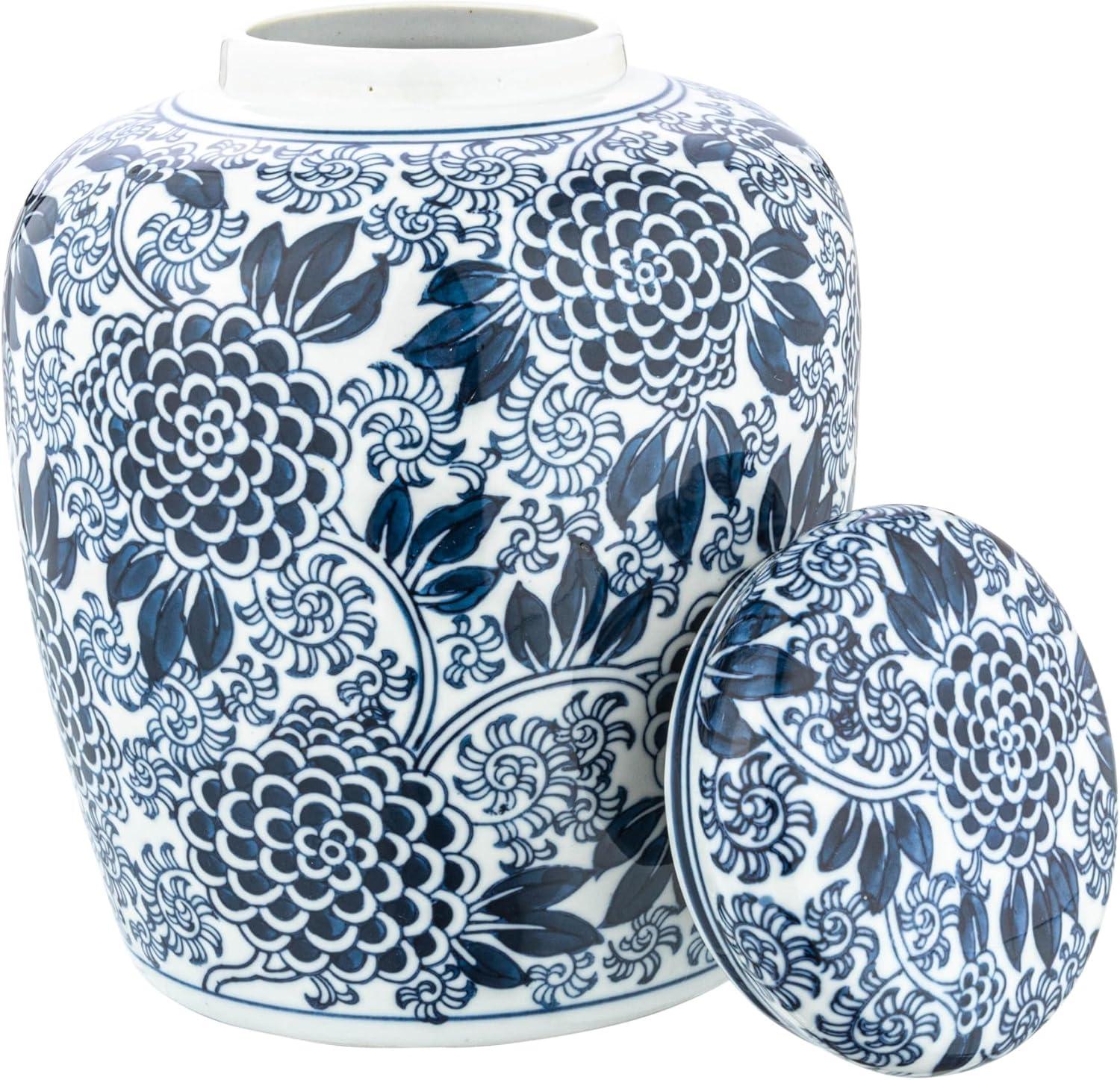 Blue and White Ceramic Floral Ginger Jar with Lid