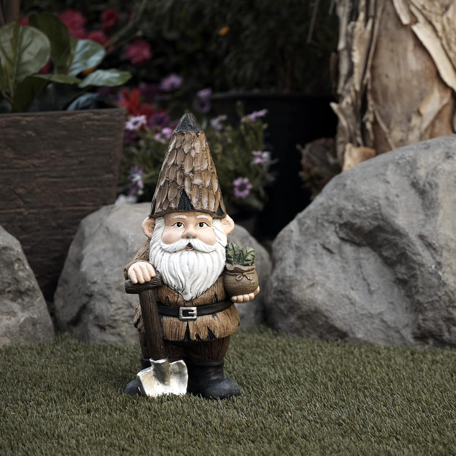 Alpine Corporation 7" x 6" x 16" Polystone Gnome with Shovel Garden Statue, Brown