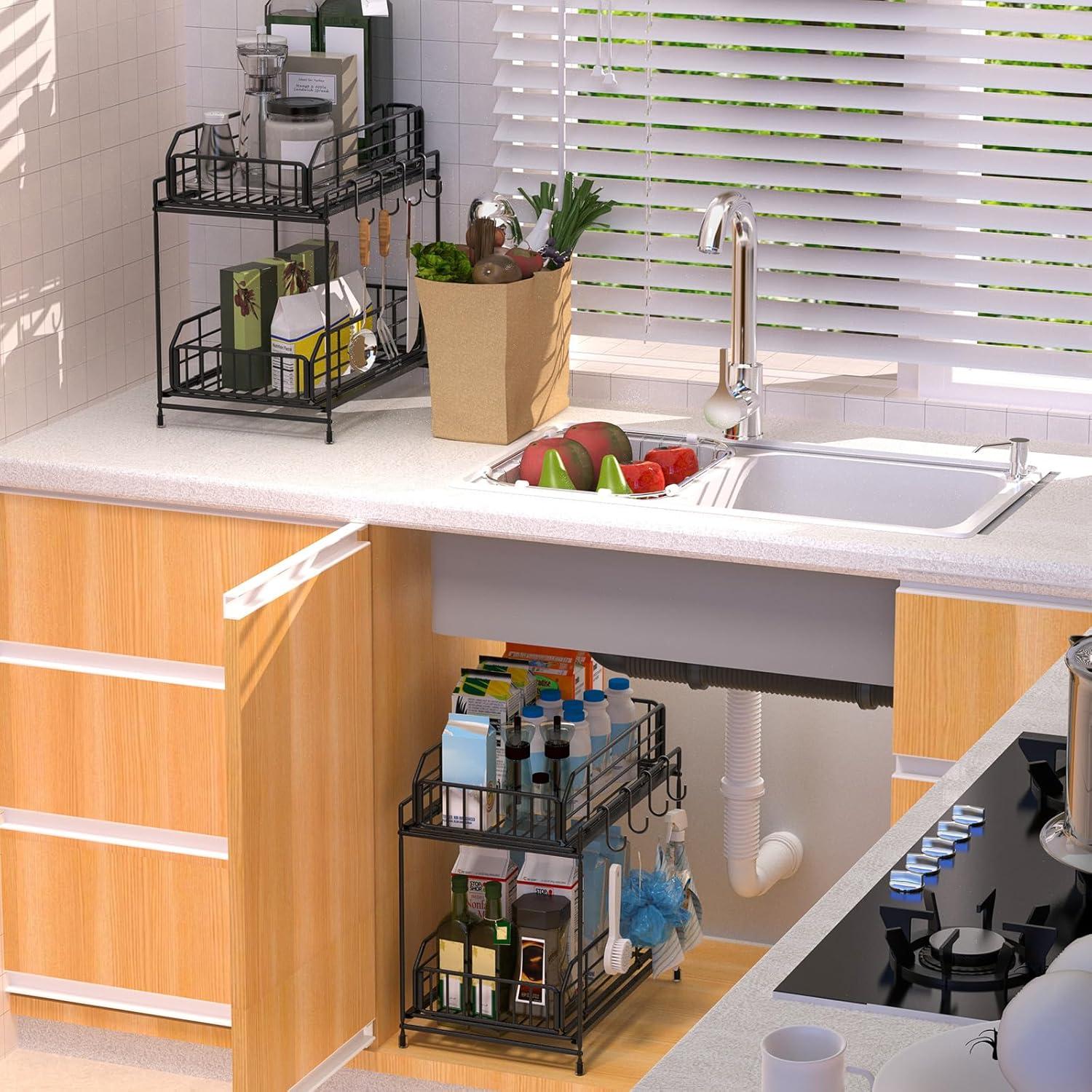 Rebrilliant Under Sink Organizer, 2 Tier Under Sink Organizers And Storage, Metal Slide Out Pull Out Cabinet Organizer ,2 Pack Sliding Drawer Organizer For Kitchen Bathroom Pantry