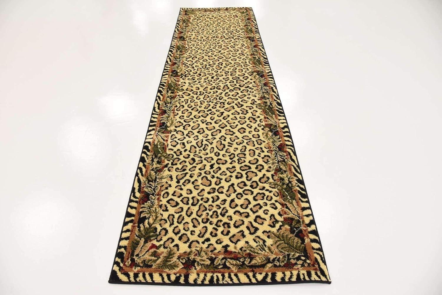 Ivory and Black Leopard Print Runner Rug with Botanical Border