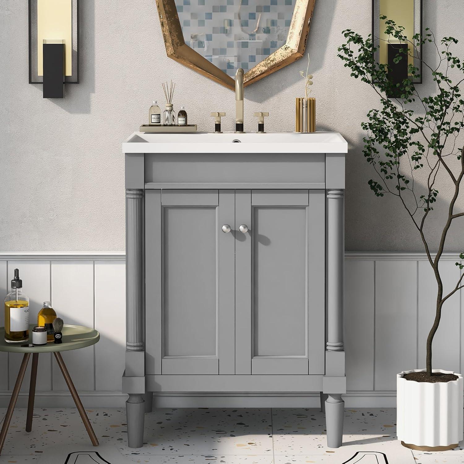 Green Shaker Style Bathroom Vanity with Tempered Glass Top