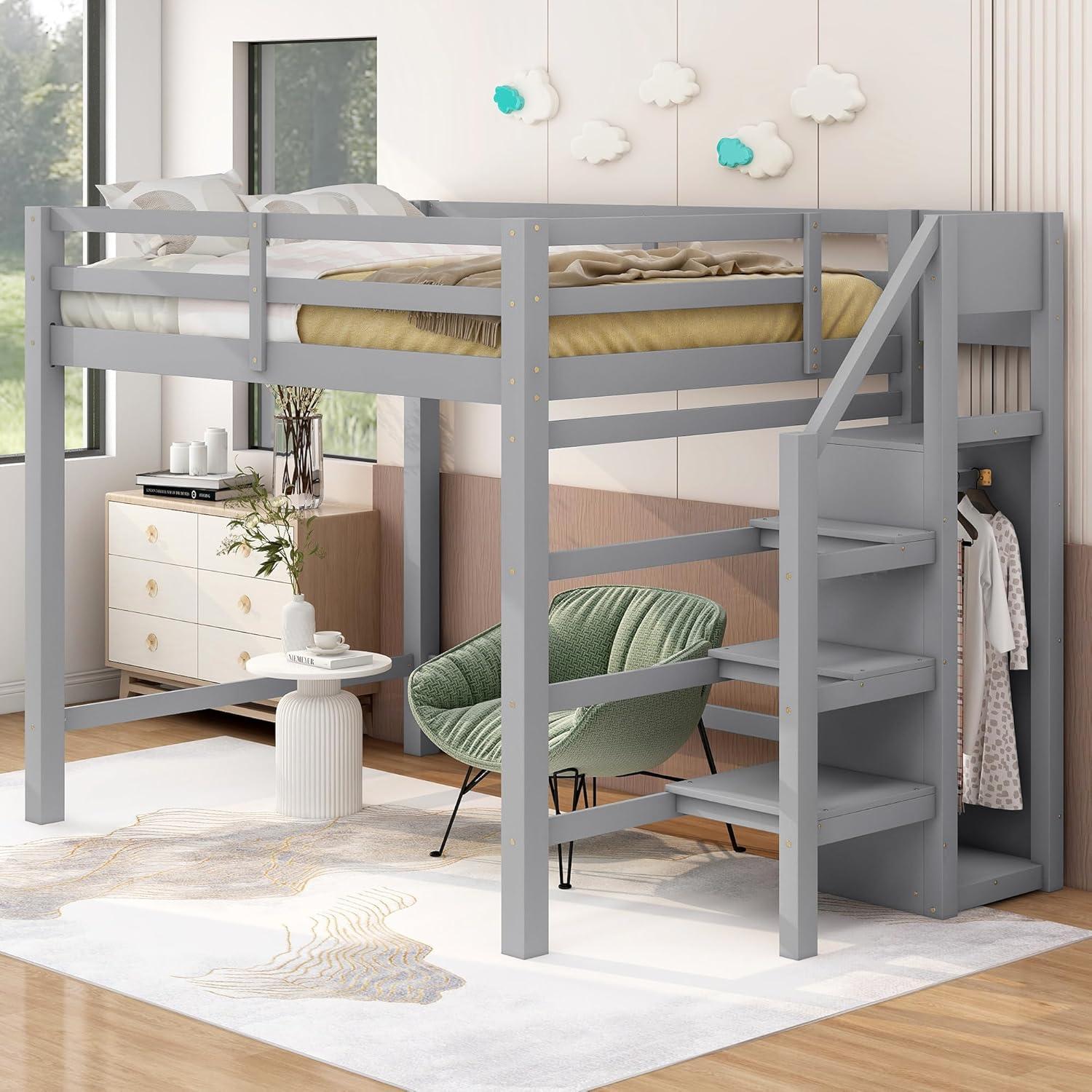 Harper & Bright Designs Full Size Loft Bed with Storage Shelves & Wardrobe, Wood Full Loft Bed Frame with LED Light for Kids Teens,Adults,Space Saving High Loft Bed,White