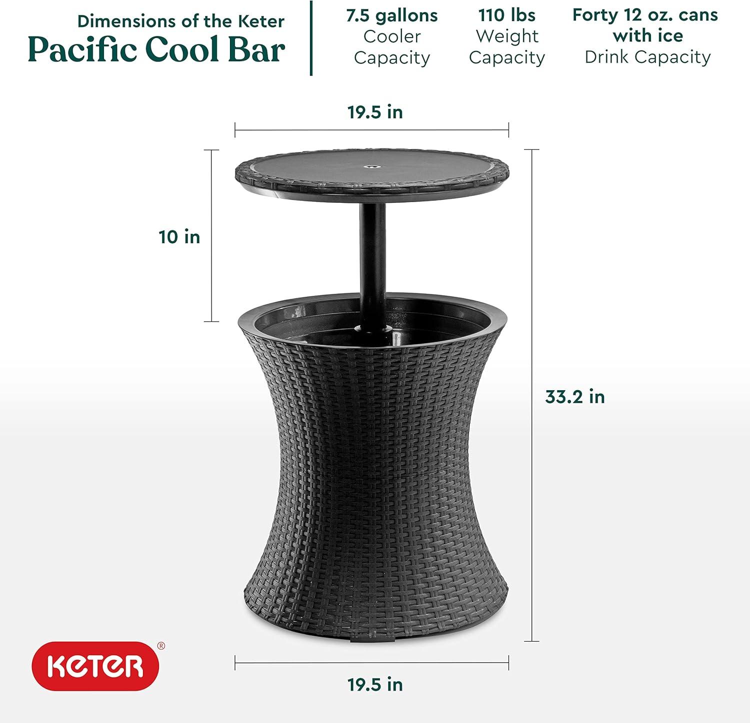 Keter Pacific 7.5 Gallon Cool Bar 2 in 1 Weather Resistant Side Table and Bar Durable Resin Outdoor Patio Beverage Cooler Table, Rattan Look Dark Grey