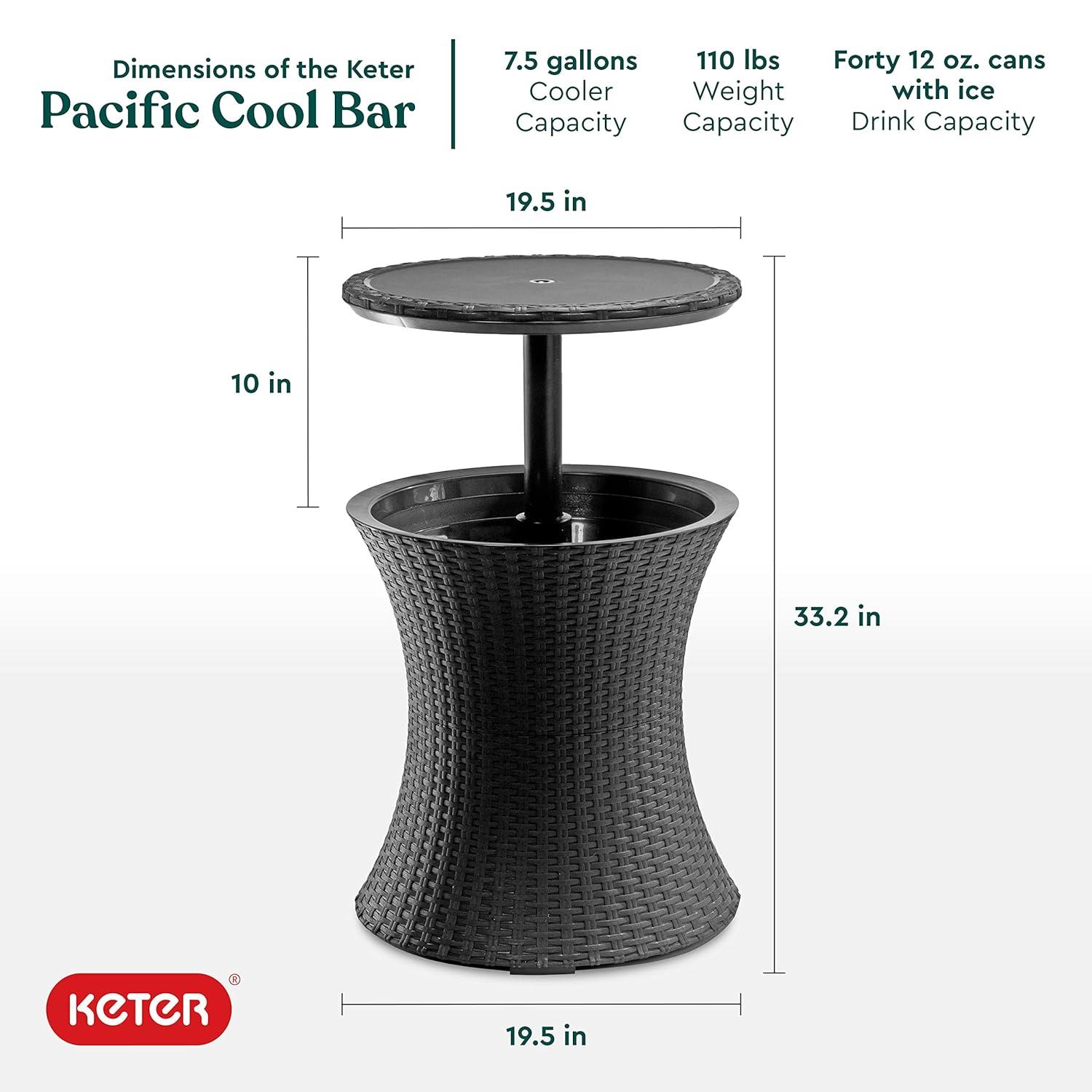 Keter Pacific 7.5 Gallon Cool Bar 2 in 1 Weather Resistant Side Table and Bar Durable Resin Outdoor Patio Beverage Cooler Table, Rattan Look Dark Grey