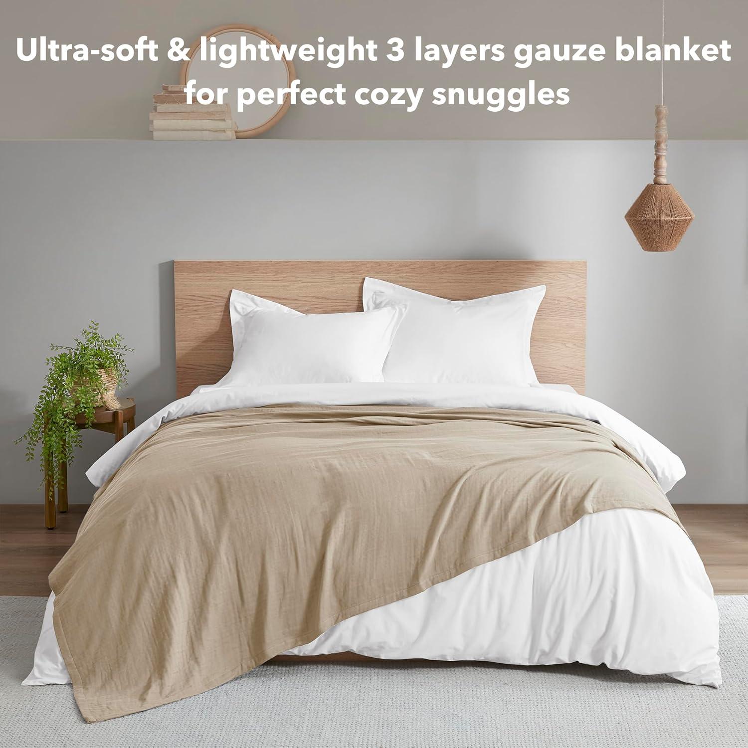 Madison Park Gauze 100% Cotton Lightweight Soft Cotton Blanket, Full/Queen Blanket in Tan
