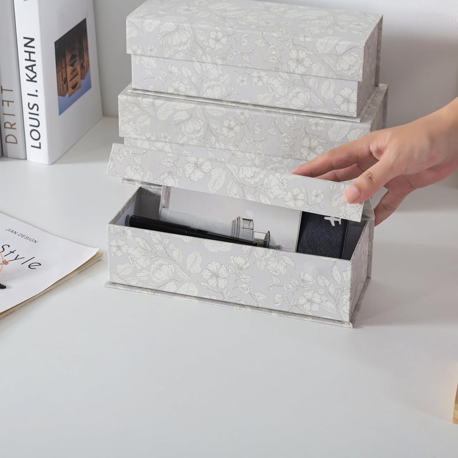 Soul & Lane Decorative Storage Boxes with Lids, Set of 3 Memory Keepsake Boxes with Magnetic Closure, Cardboard Storage for Photos, Documents, Gifts, Home Decor, Subtle Bloom