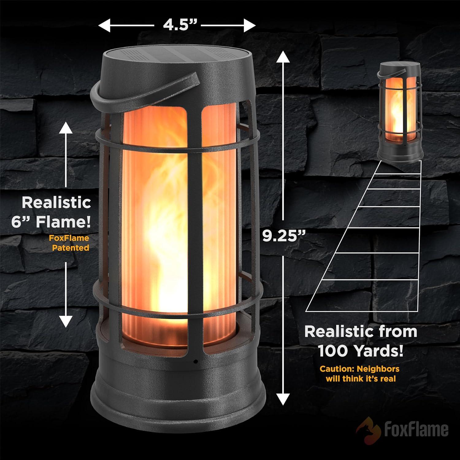 FoxFlame Professional Metal Solar Flame Lantern - Patented LED Flickering - Outdoor Waterproof - Hanging Option