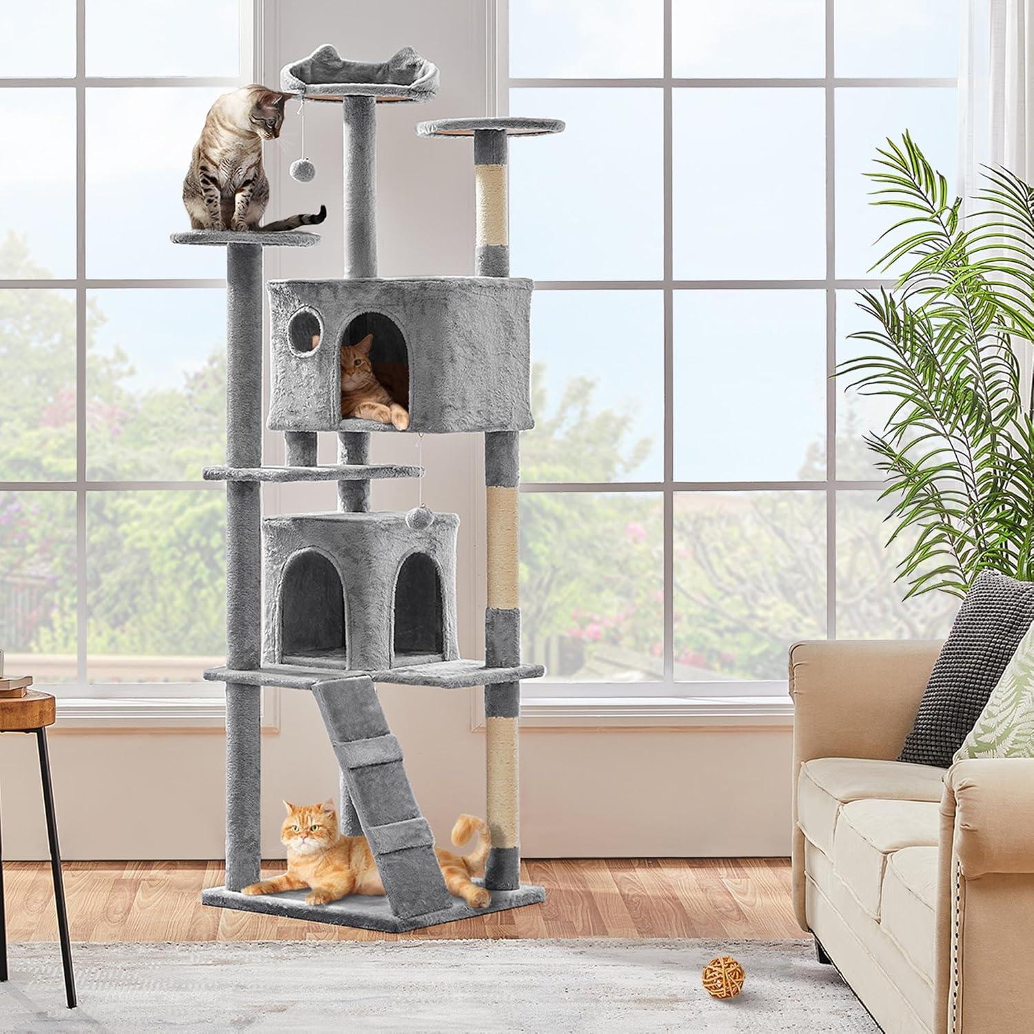 SmileMart 80″ Tall Multilevel Cat Tree with 2 Condos & 3 Scratching Posts for Kittens, Light Gray
