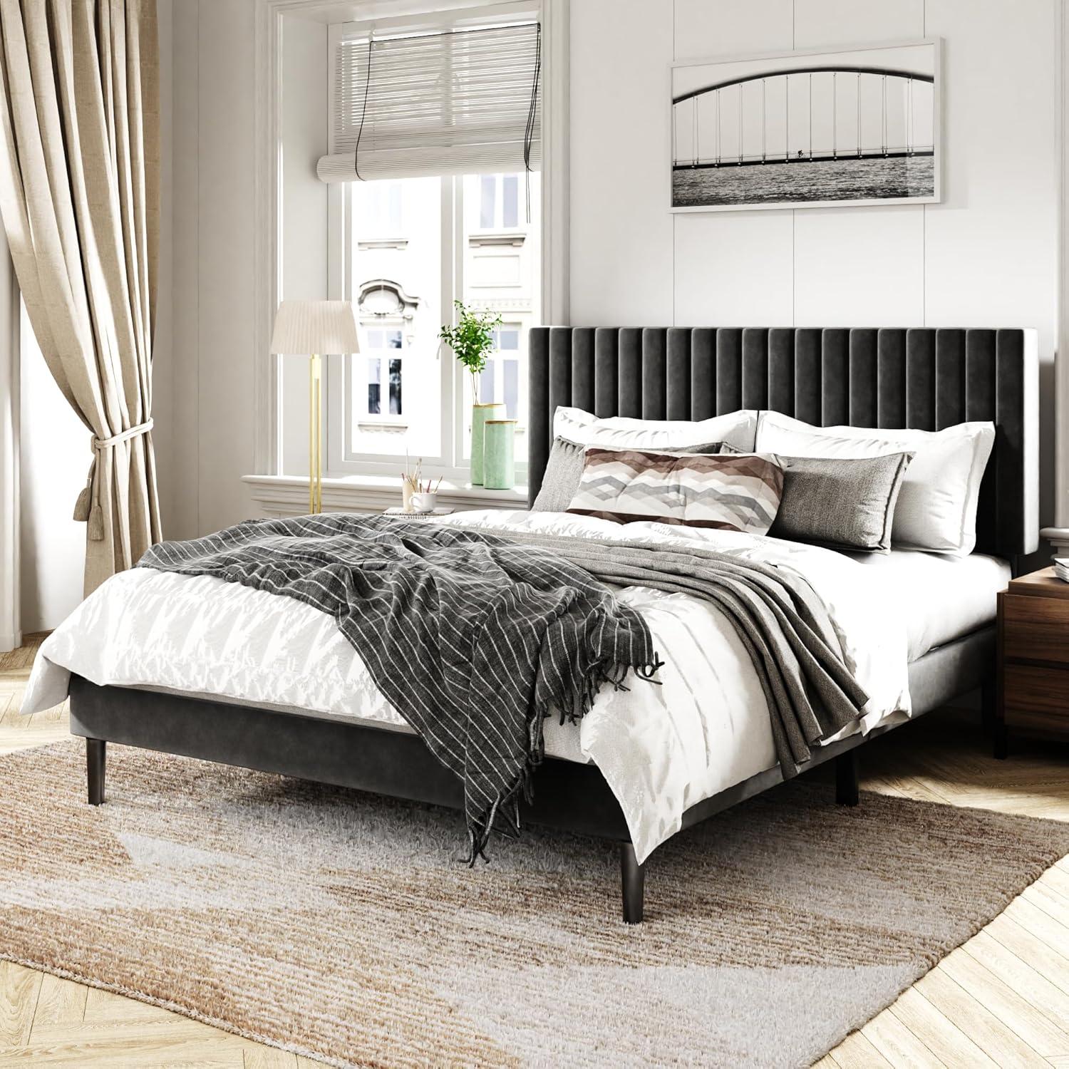 Full Size Bed Frame with Velvet Upholstered Headboard, Platform Bed with Strong Wood Slats, Mattress Foundation, Box Spring Optional, Easy Assembly, Black