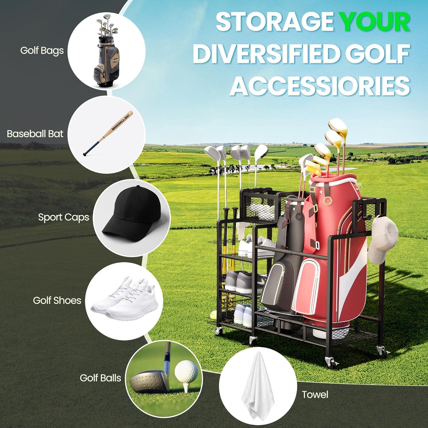 Recaceik Golf Storage Garage Organizer Large Size,Golf Bag Storage Stand and Other Golfing Accessories Rack, Metal with Wheels Golf Club Storage for Garage Shed and Basement (Black)