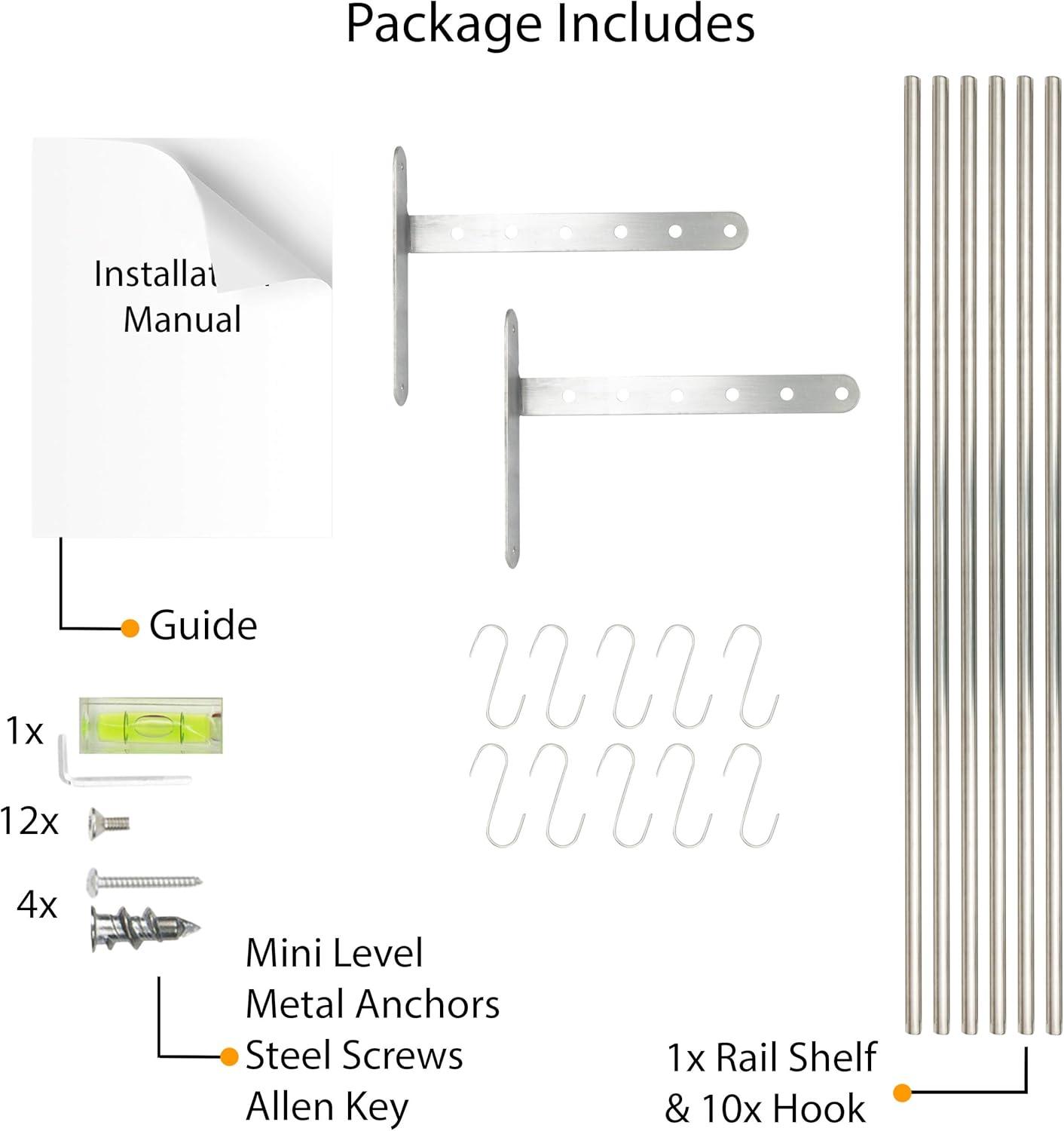 Lyon 33.5" Stainless Steel Wall Shelf with Hooks