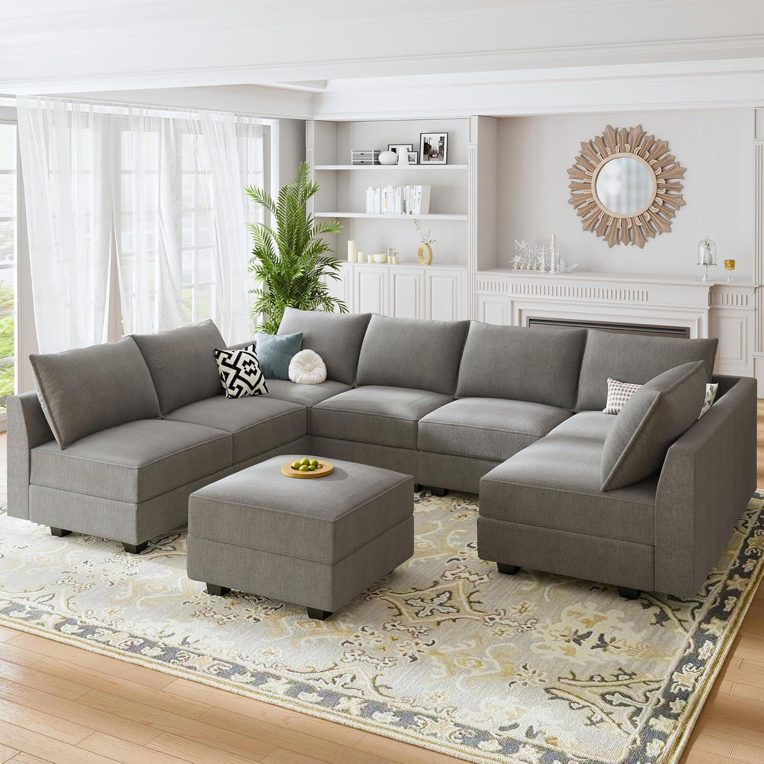 Gray Fabric U-Shaped Sectional Sofa with Storage and Track Arms