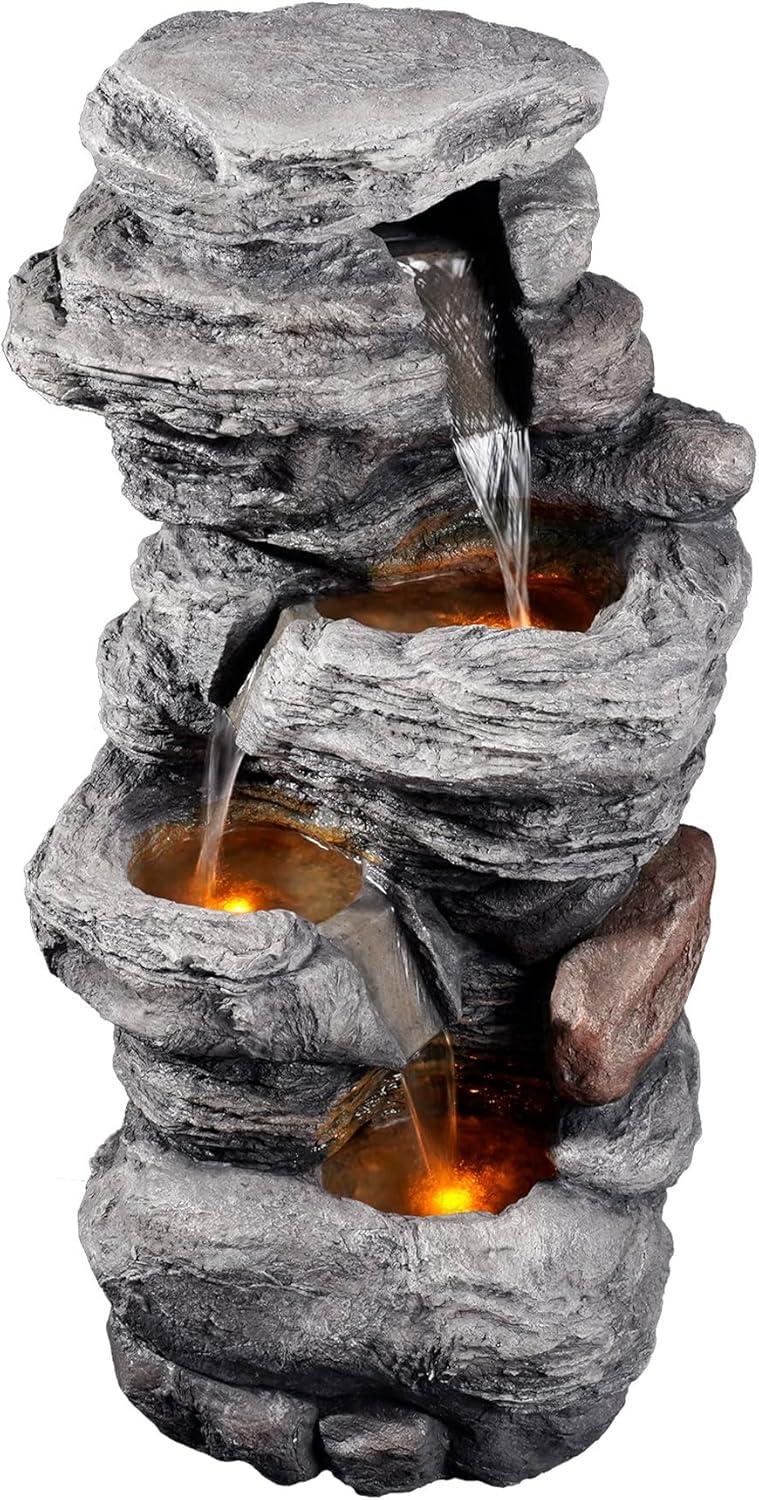 Teamson Home 39.37" Outdoor Faux Stone 4-Tier Water Fountain with LED, Gray