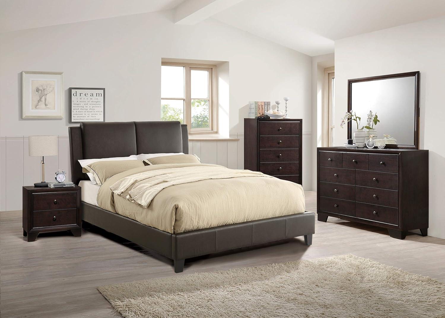 Brown Faux Leather Upholstered King Bed with Cushioned Headboard