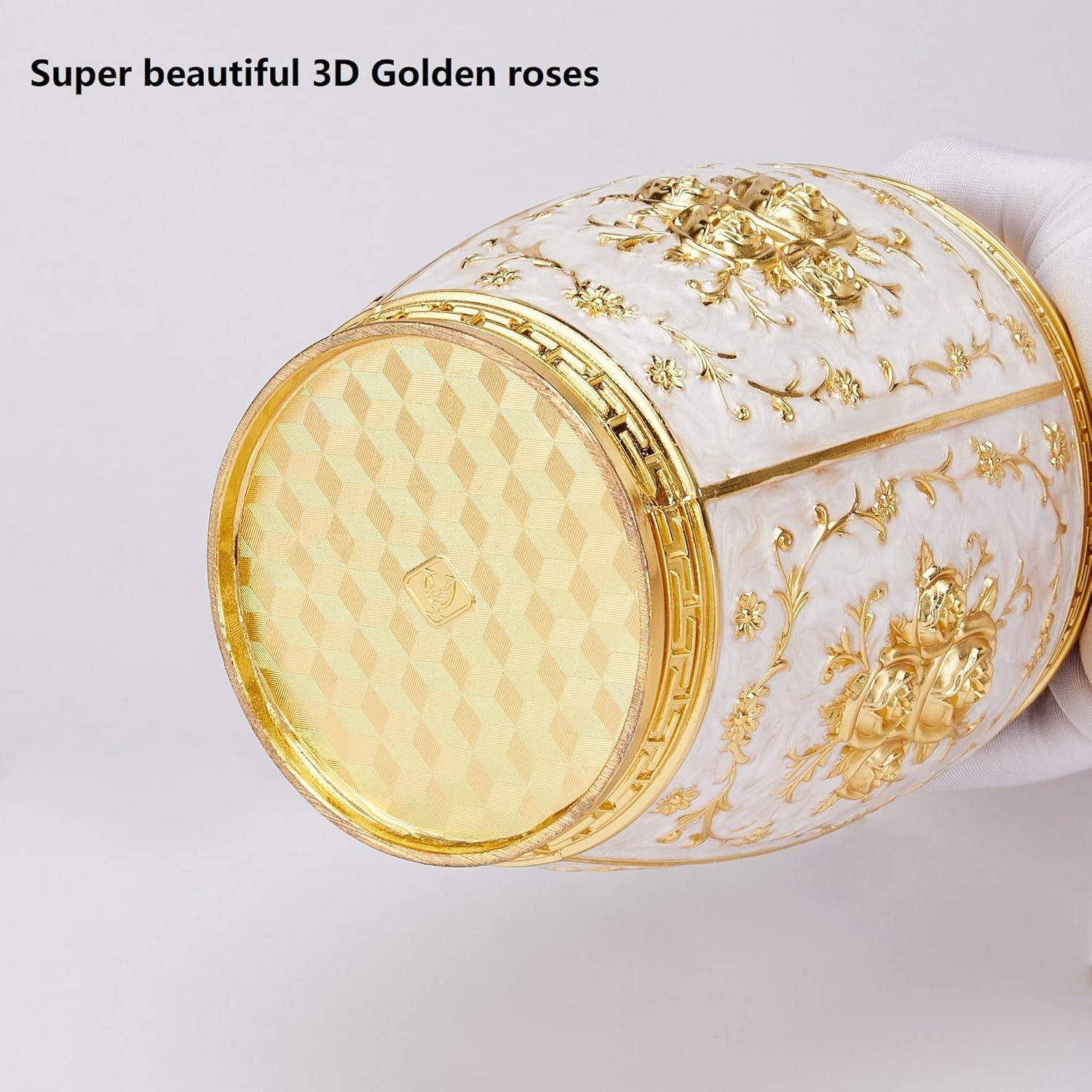 Gold and White Rose Embellished Medium Metal Urn