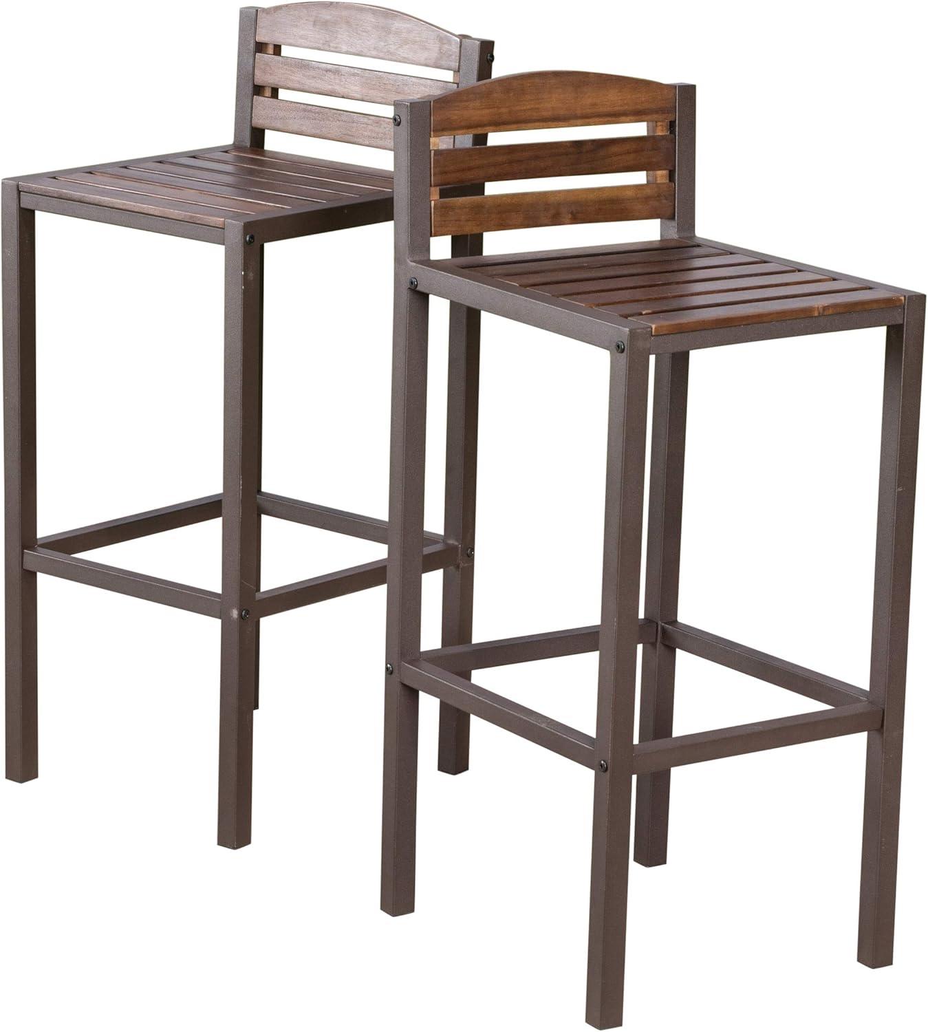 Milos Set of 2 Acacia Barstool - Dark Brown / Rustic Metal - Christopher Knight Home: UV & Weather-Resistant Patio Seating