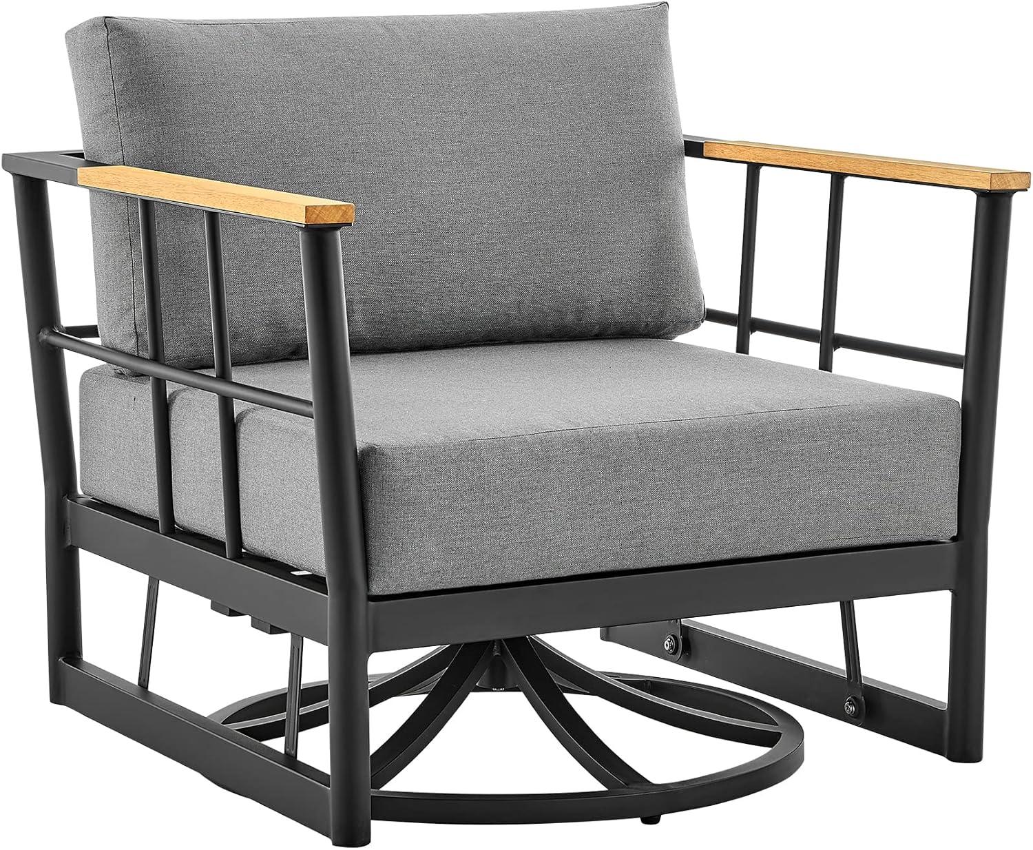 Shari Outdoor Patio Swivel Glider Lounge Chair in Black Aluminum and Teak Wood with Cushions