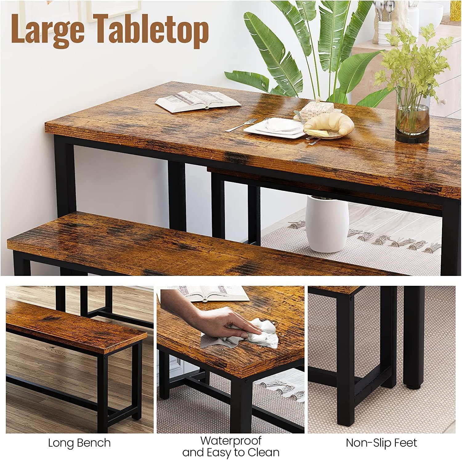 Rustic Brown Wood and Black Metal Dining Table Set with Benches