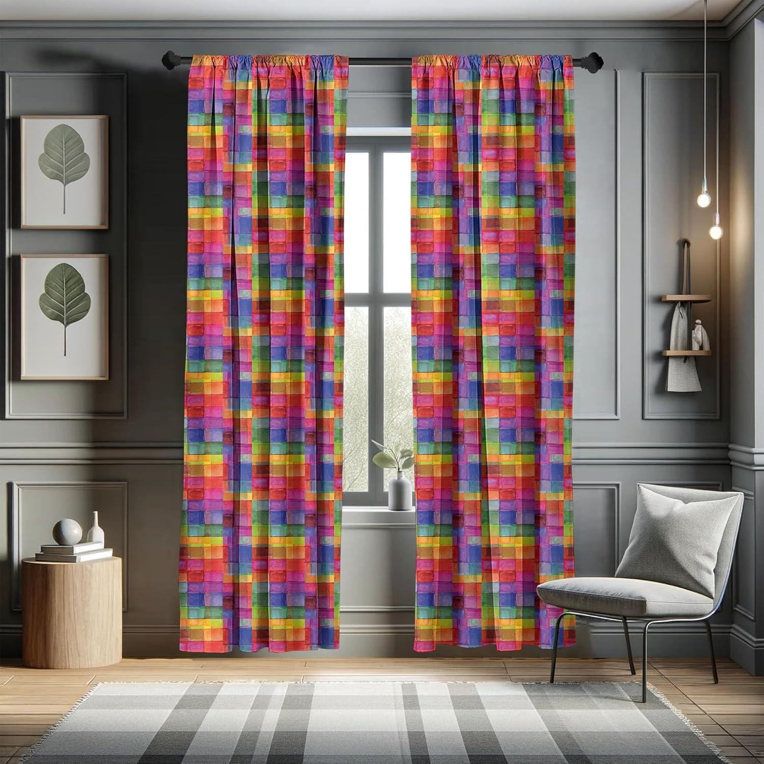 Ambesonne Abstract Curtains, Rainbow Colors Squares, Pair of 28"x63", Multicolor