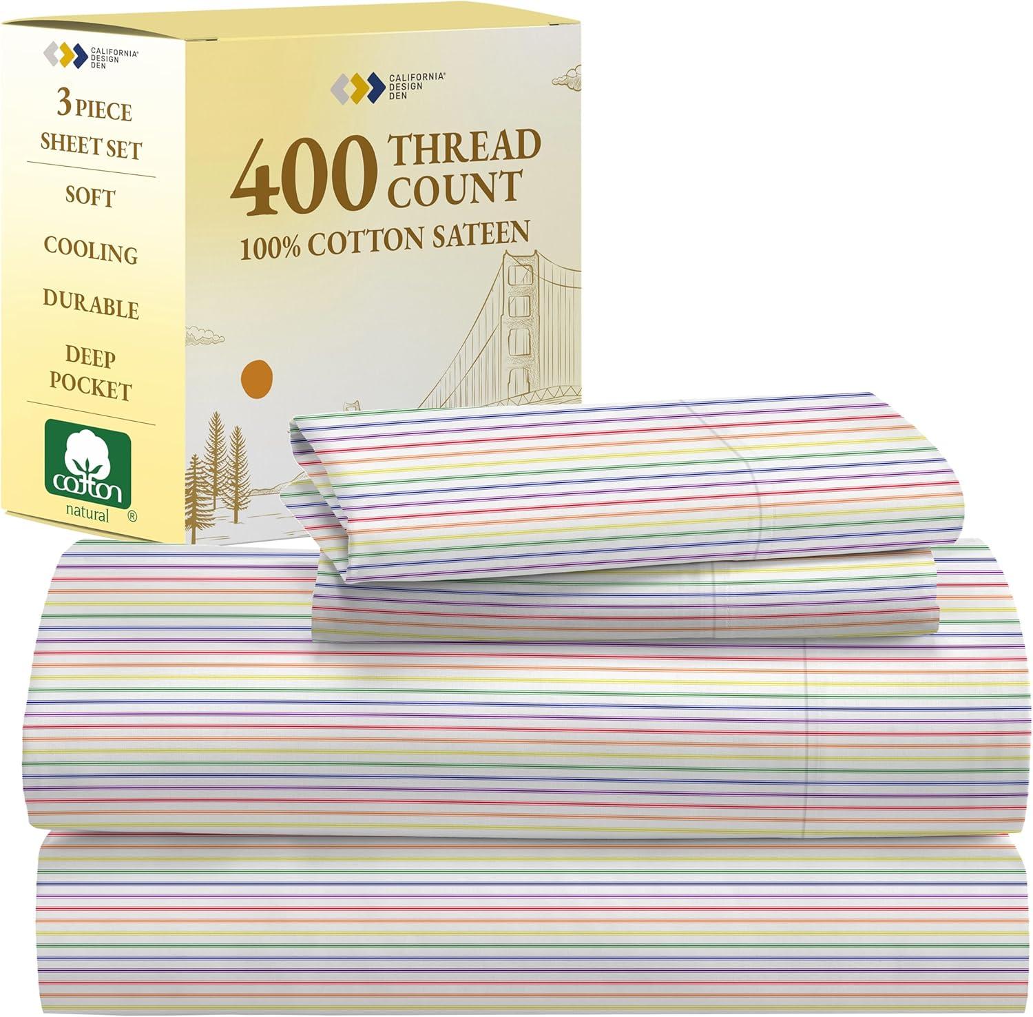 California Design Den Rainbow Stripe Twin Bed Sheets Set for College Dorms, Kids & Adults, Soft 100% Cotton