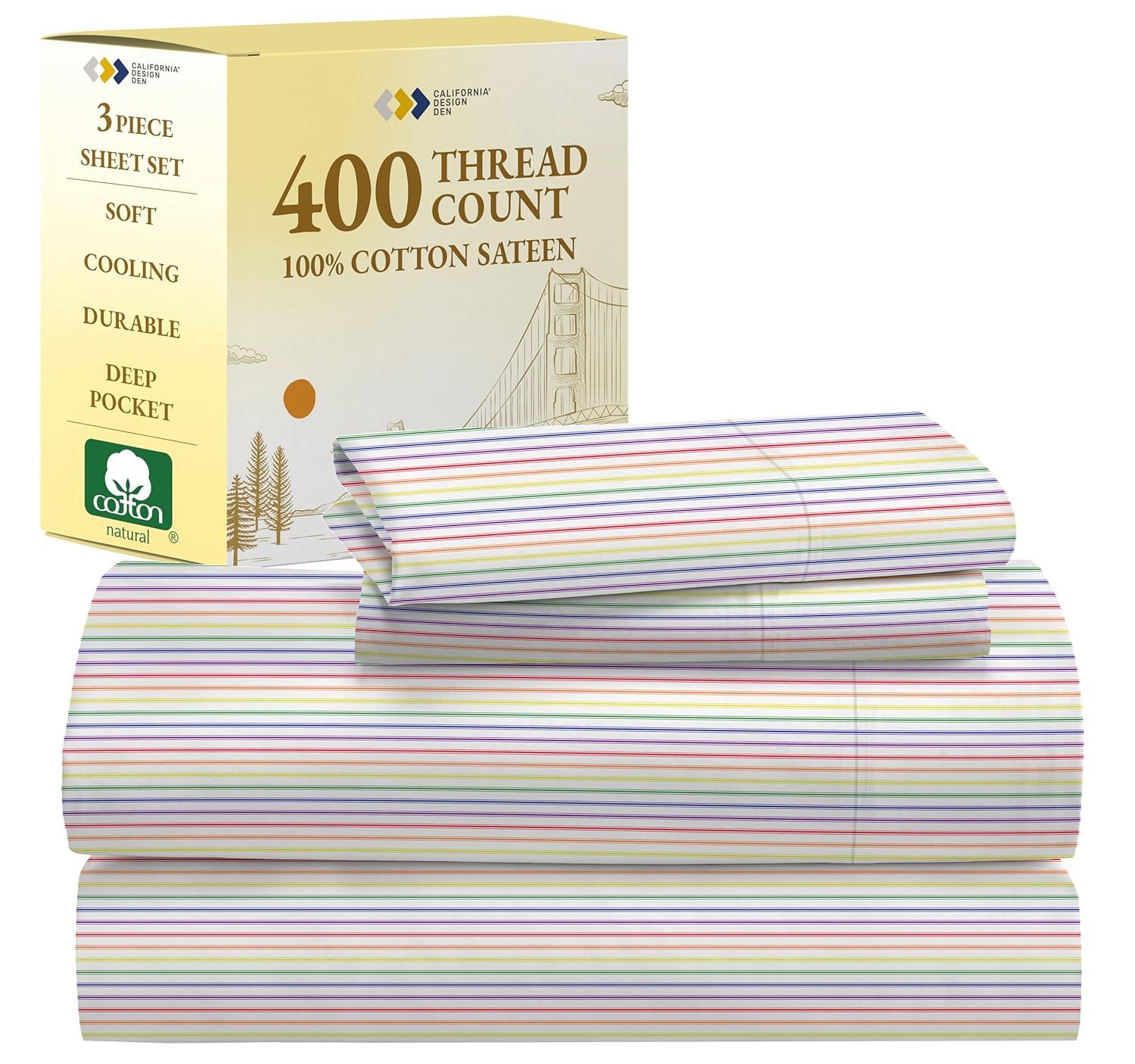 California Design Den Rainbow Stripe Twin Bed Sheets Set for College Dorms, Kids & Adults, Soft 100% Cotton
