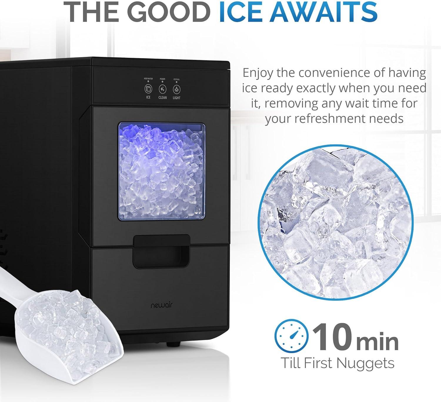 Newair 44 lbs. Nugget Countertop Ice Maker in Black Stainless Steel with Self-Cleaning Function, Perfect for Kitchens, Offices, Home Coffee Bars