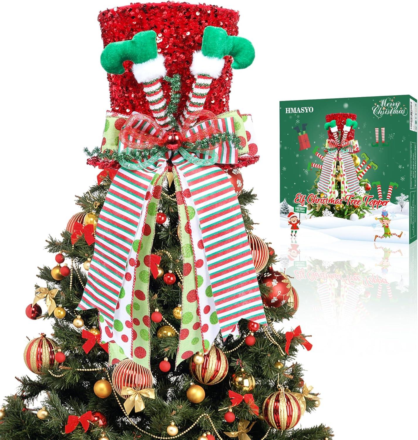 Large Red Velvet Christmas Tree Topper Hat with Elf Legs and Bow