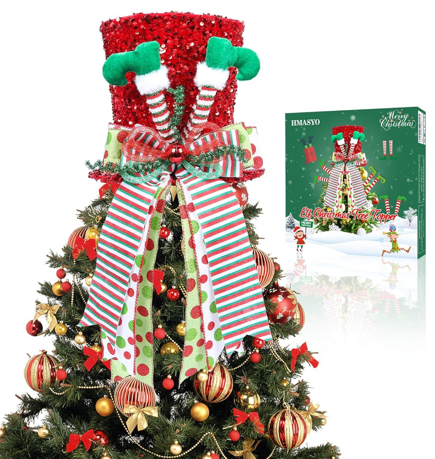 Matoen Christmas Tree Topper Hat, Large Red Velvet Hat with Elf Legs and Lengthened Bowknot Christmas Tree Decorations Tabletop Ornaments for Holiday Home Decor