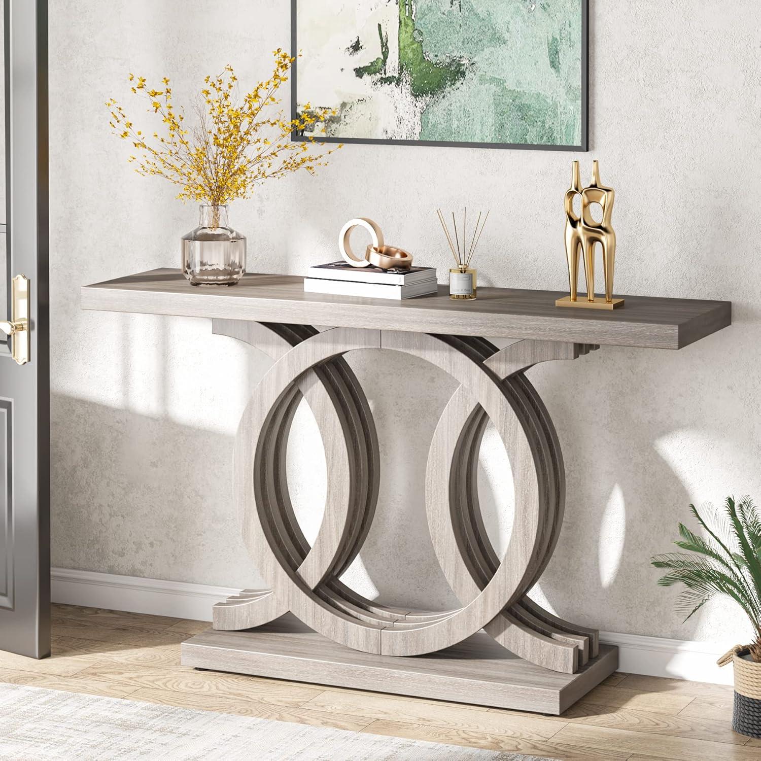 Gray 55" Geometric Base Wooden Console Table with Storage