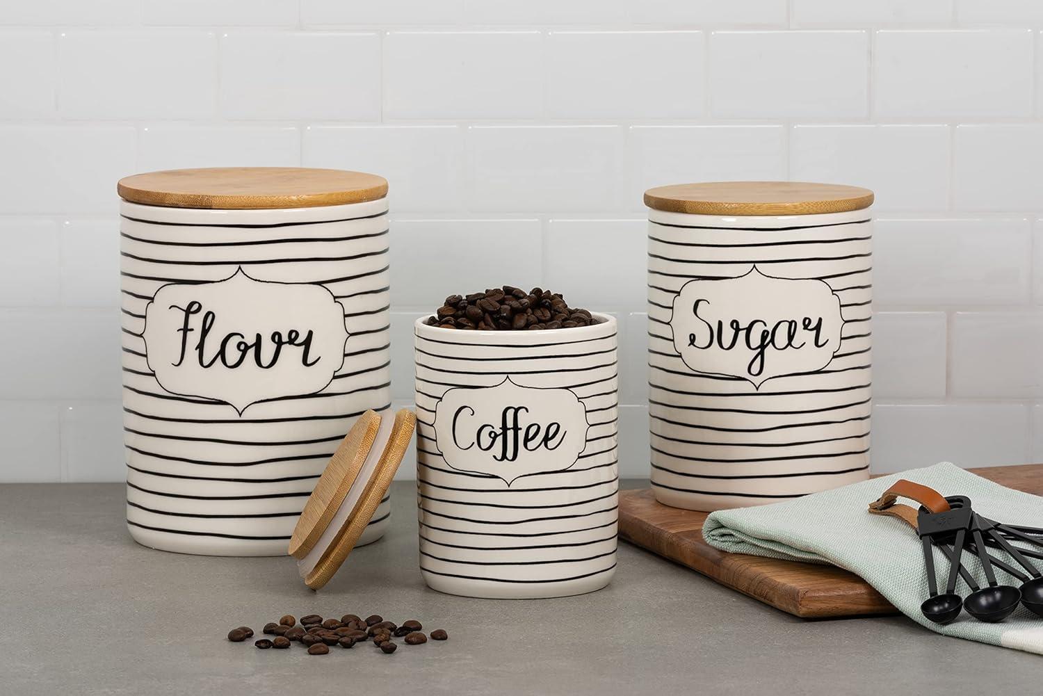 10 strawberry street everyday coffee, sugar, flour kitchen canister set, 3 piece, black/white