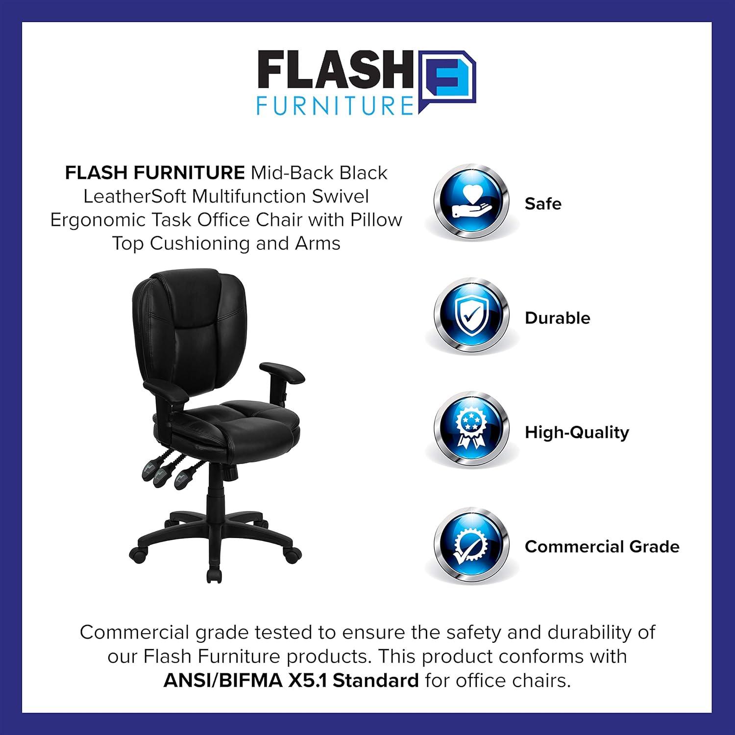 Flash Furniture Mid-Back Multifunction Swivel Ergonomic Task Office Chair with Pillow Top Cushioning and Adjustable Arms