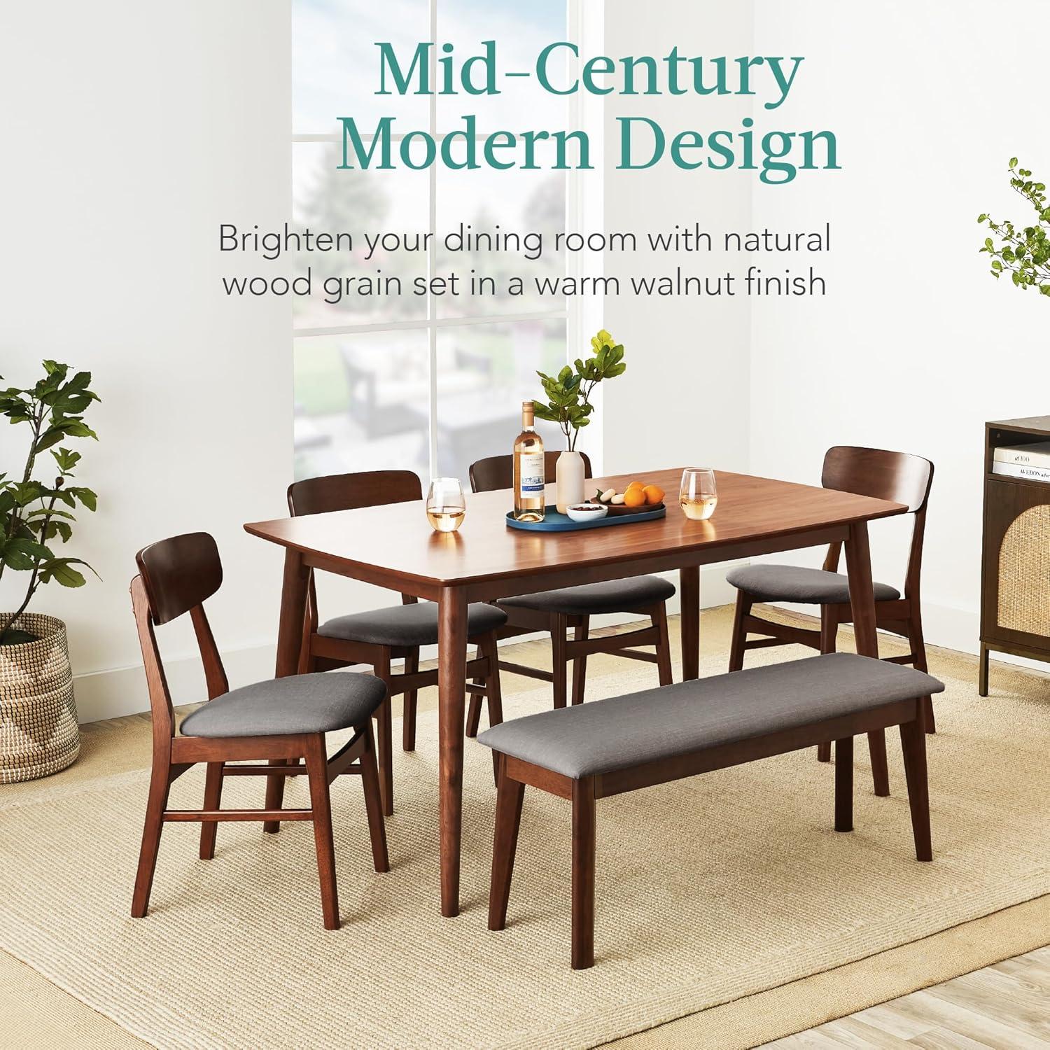 George Oliver 6-Piece Mid-Century Modern Upholstered Wooden Dining Set W/ 4 Chairs, Bench - Walnut/Gray