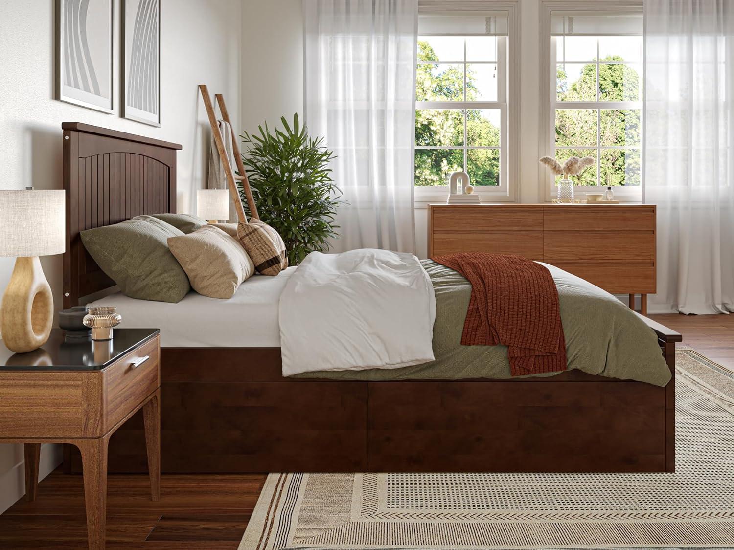 Nantucket Walnut Full Wood Platform Bed with Storage Drawers