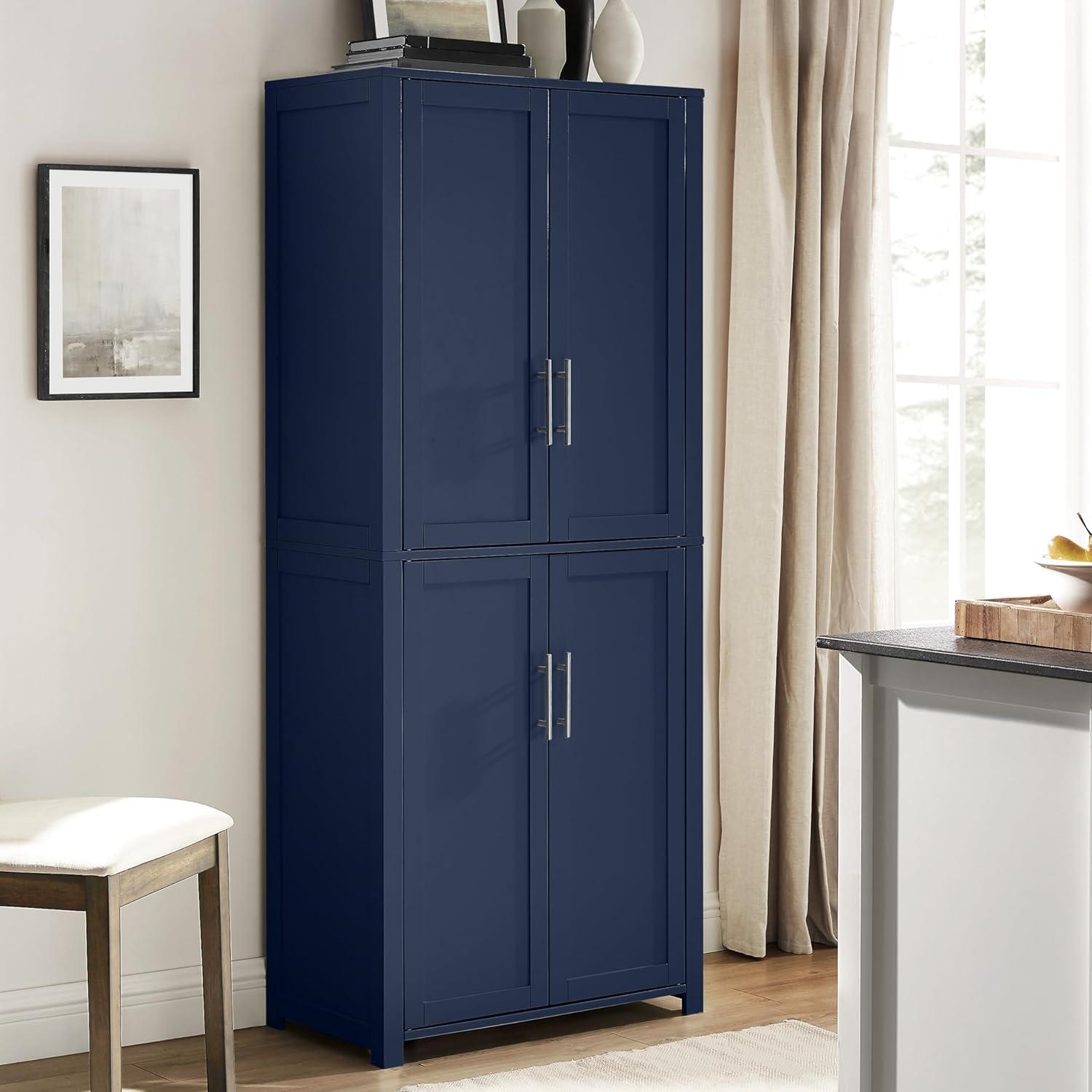 Crosley 67" Savannah Tall Kitchen Storage Pantry Navy: Traditional Farmhouse Design, Wood Veneer, MDF Frame, 3 Adjustable Shelves