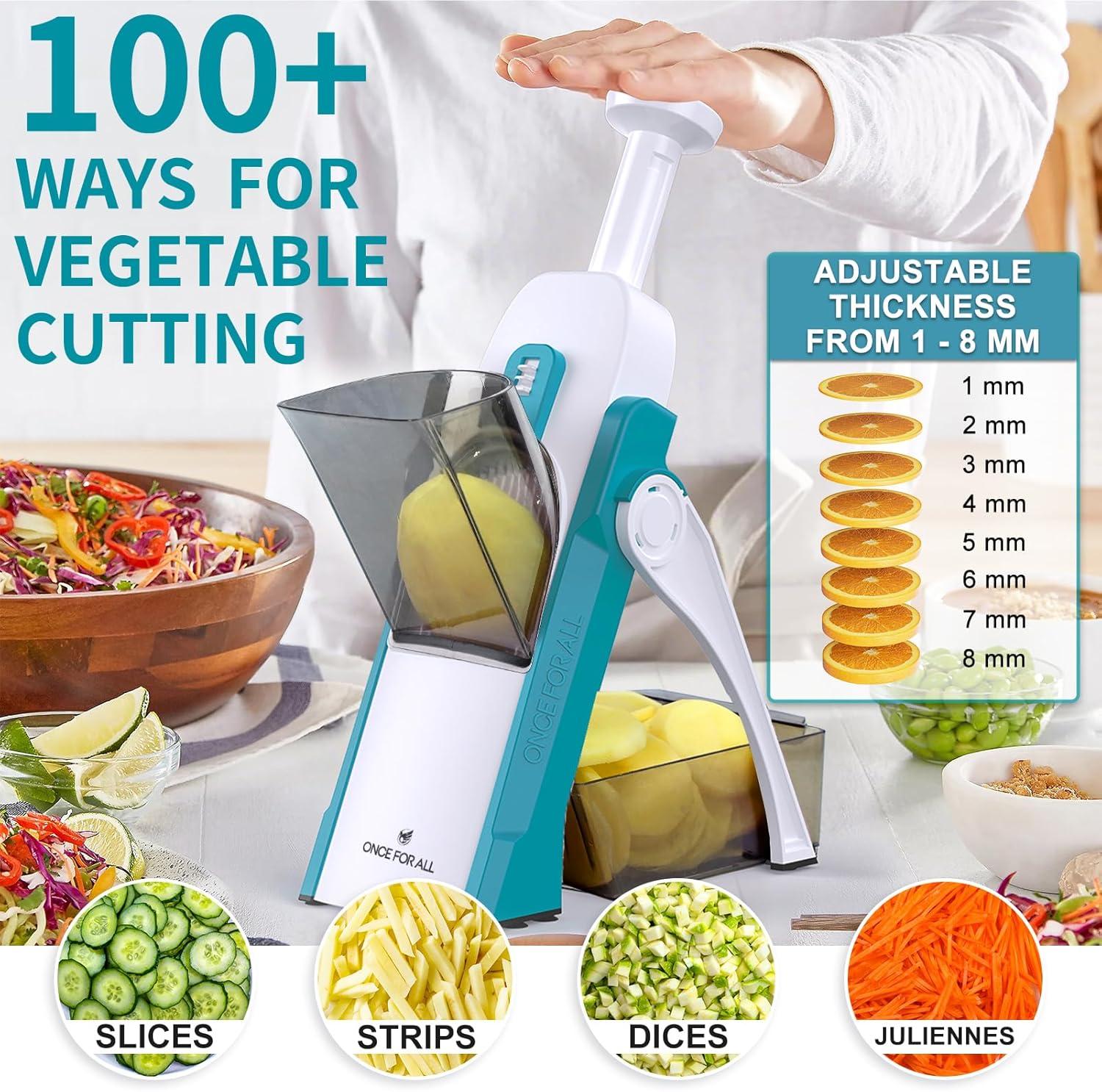 ONCE FOR ALL Safe Mandoline Slicer 5 in 1 Vegetable Cutter, Strips Julienne Dicer Adjustable Thickness 0.1-8 mm for Kitench Fast Meal Prep (Light Blue)