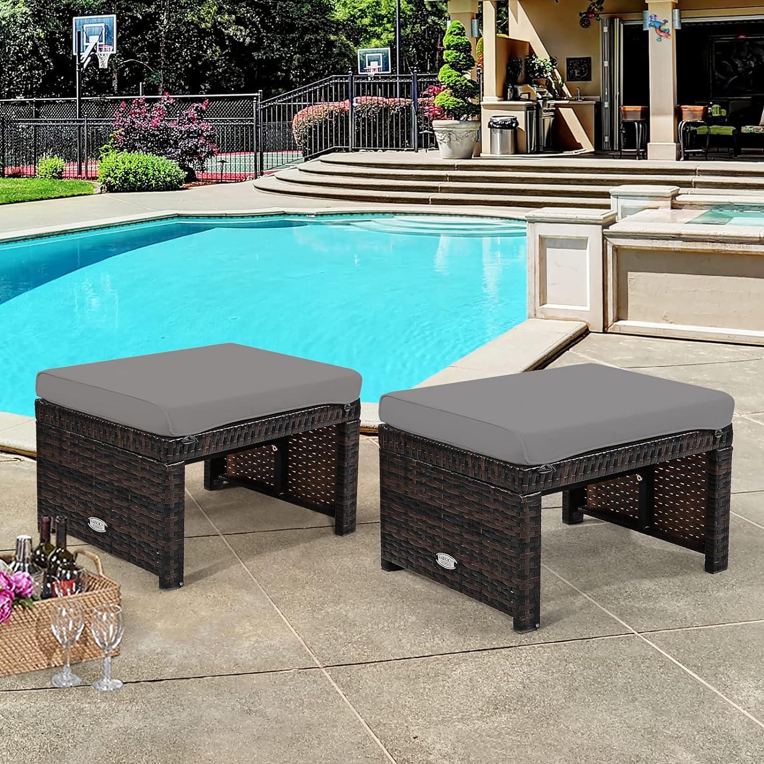 Outdoor Grey Cushioned PE Rattan Patio Ottomans, Set of 2