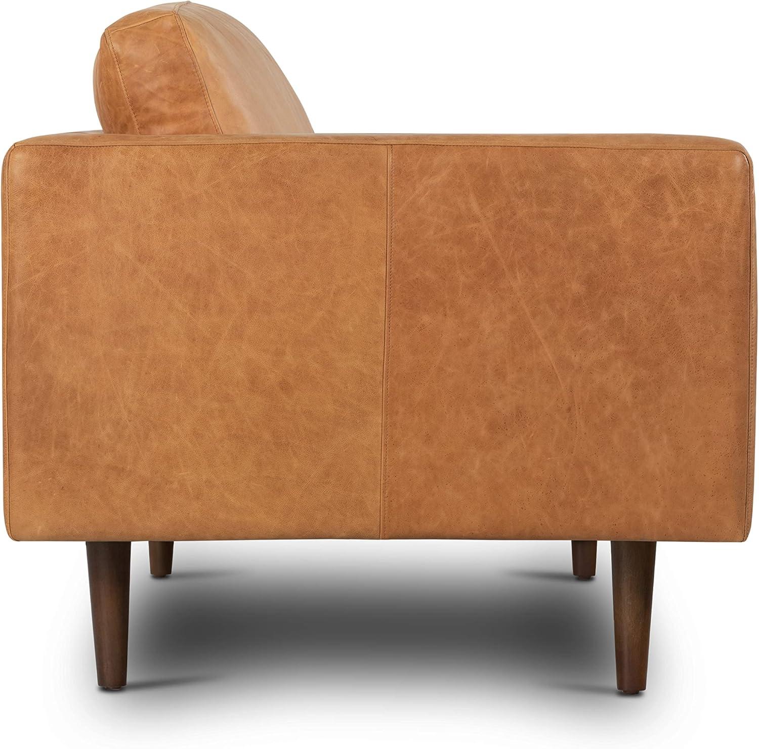 Cognac Tan Leather Tufted Sofa with Solid Wood Legs